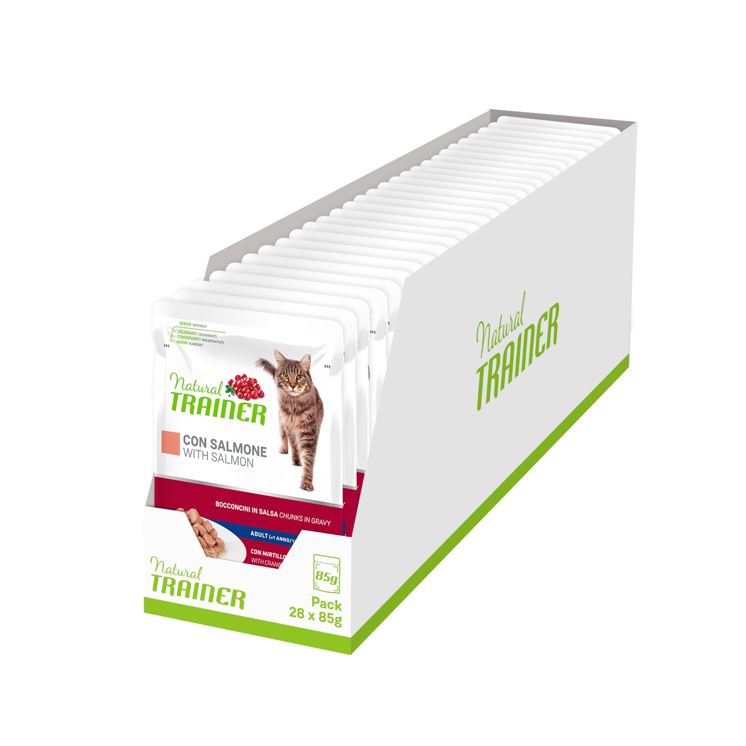 Natural Trainer Cibo Umido per Gatti Adulti con Salmone, Pack 28 x 85g