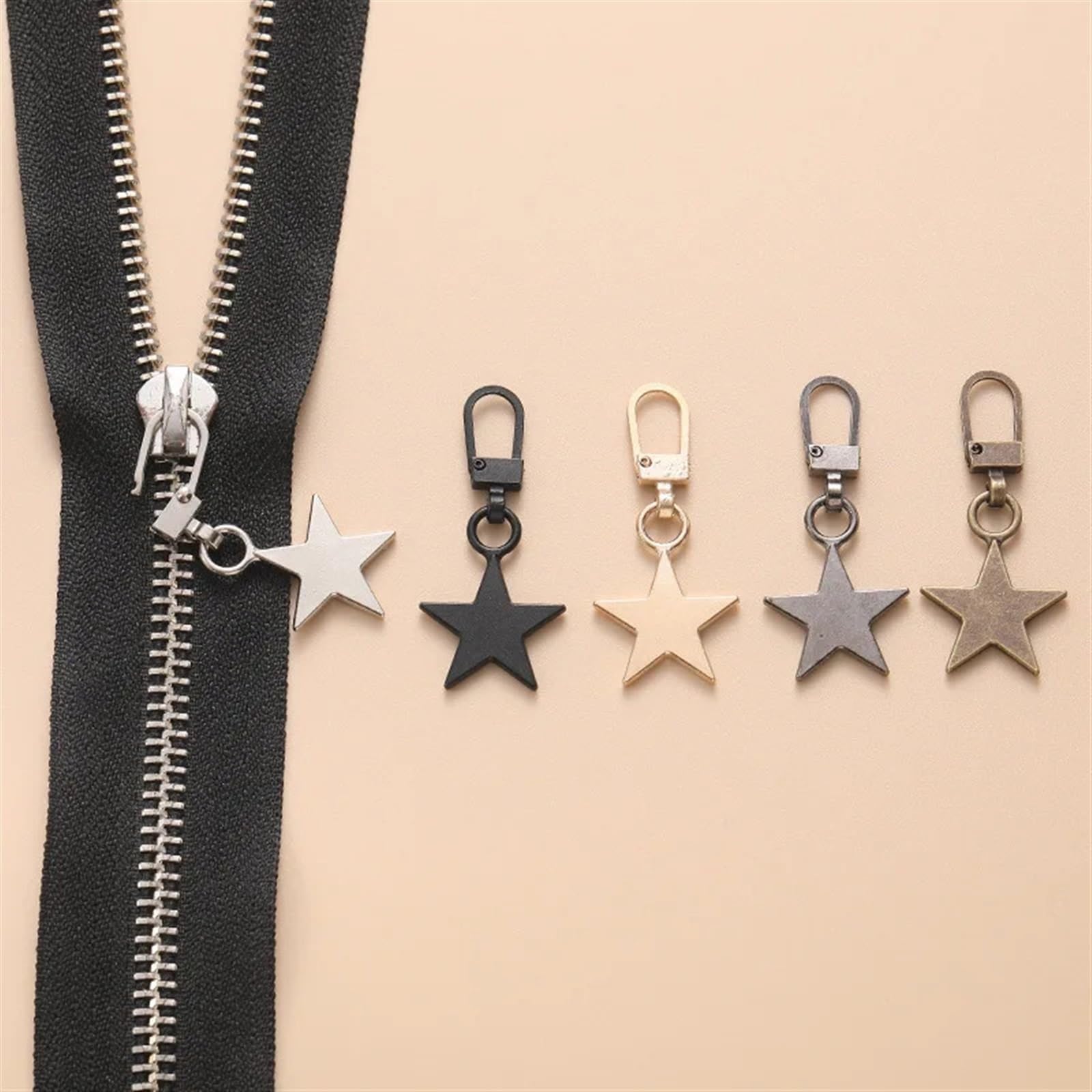 5Pcs Zippers Puller Head Heart Shape Detachable Metal Zipper Slider Repair Kits for Bags Backpack Coat Zipper Pull Tab(5PCS-Star Mixed)
