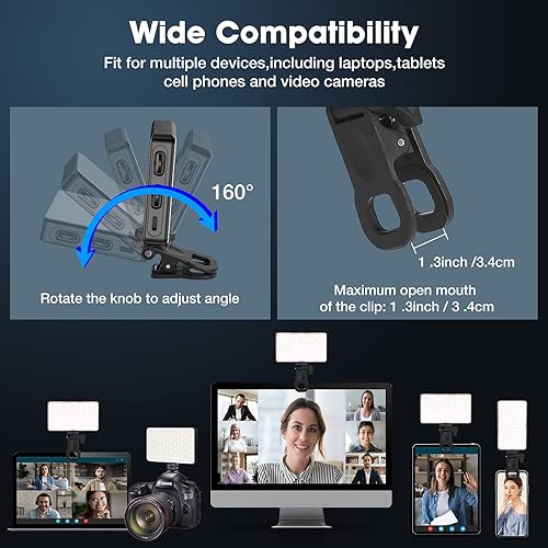 Miniatura 6 de Luz de cámara de teléfono celular con clip, luz de video recargable para selfie de 160 LED, temperatura de color ajustable 2500K-6500K Luz de