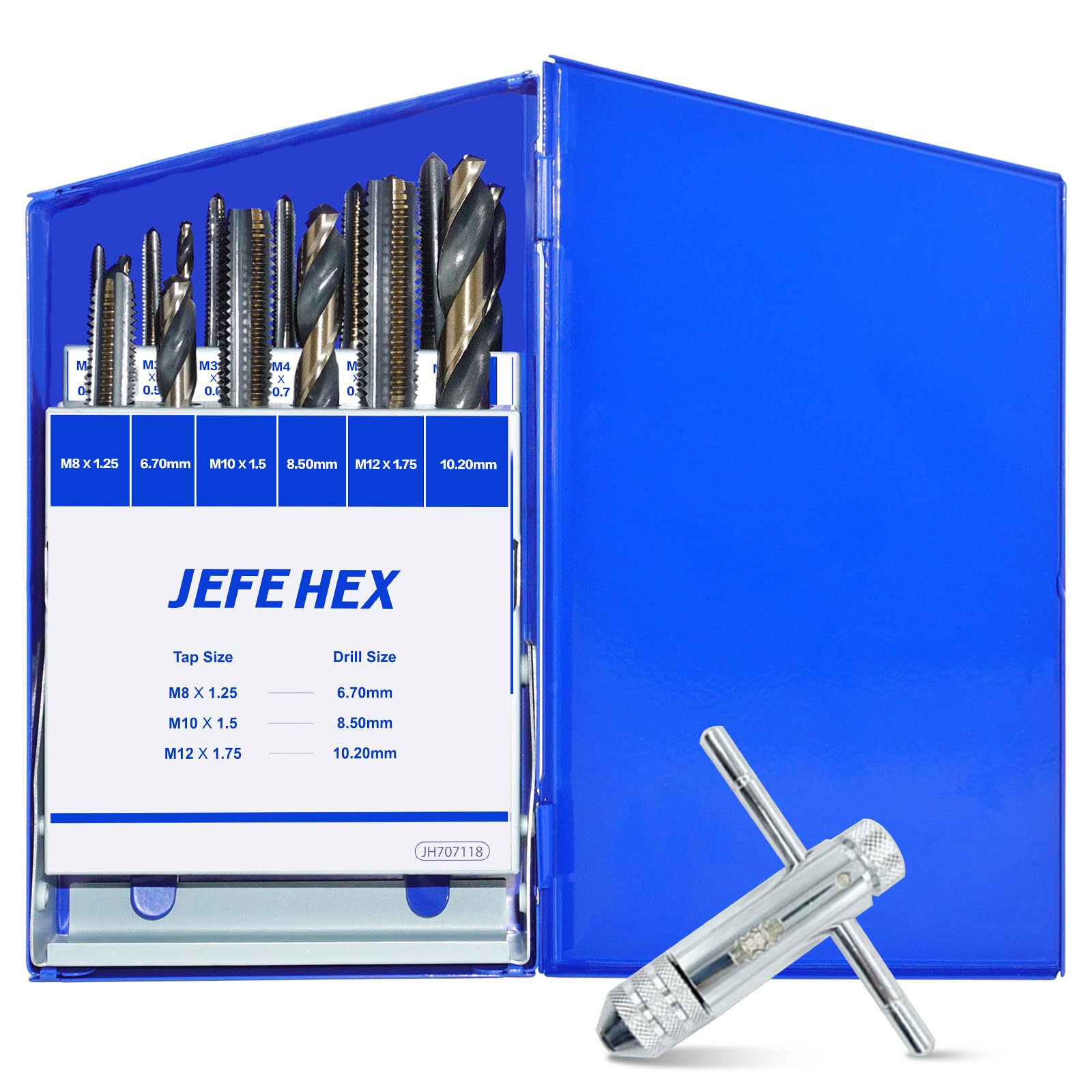 JEFE HEX 18pcs Metric Drill and Tap Set with 1 Piece T-Handle Ratchet Tap Wrench, Tap Range M2.5 * 0.45—M12*1.75, Black and Gold Premium HSS Jobber