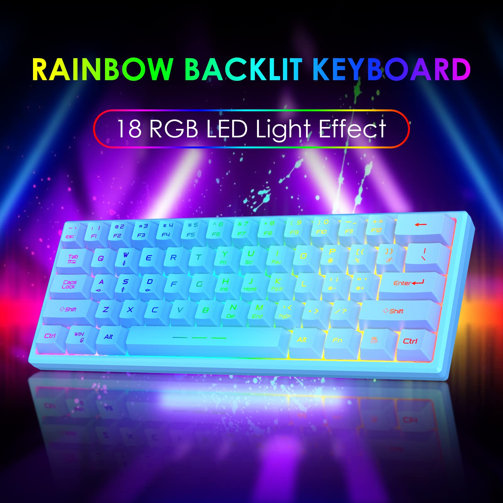 60% Kabellos Gaming Tastatur und Maus Combo Set 2,4 GHz Wiederaufladbare 3800 mAh 61 Tasten Kompakttastatur mit Rainbow LED Hintergrundbeleuchtung + 2400 DPI 6 Tasten Rainbow LED Silent Mouse (Blau)