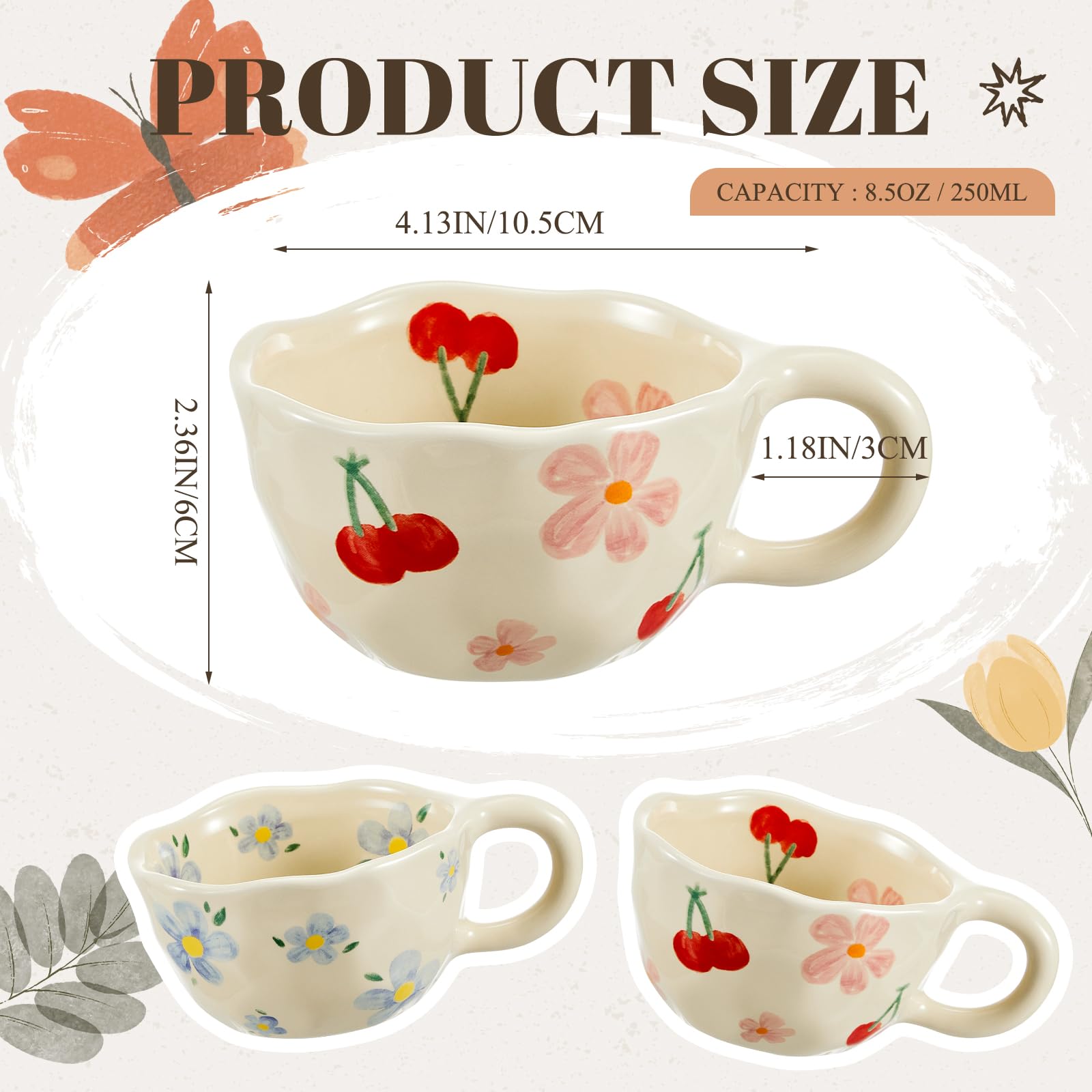 Vesici 2 tazas de café de cerámica creativas con diseño de flores con asas, 241.0 g, bonita taza de porcelana estética para oficina, hogar, lavavajillas y microondas (encantadora)
