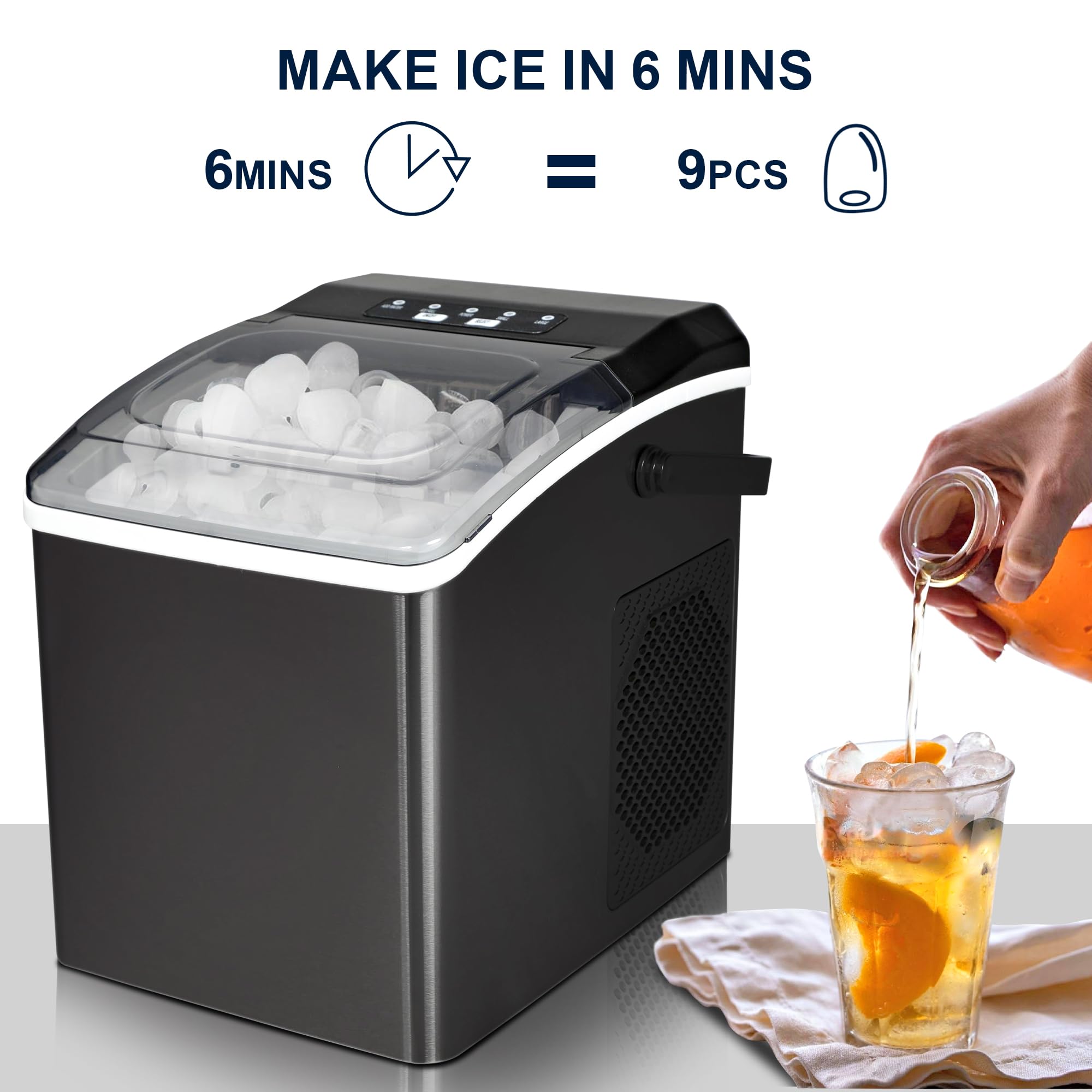 Koolatron Kim26-B Ice Makers Countertop, Portable Ice Maker, 26lbs/24hrs 9 Bullet Ice Cubes Ready In 7 Mins, Self-Cleaning Function, L&S Size, With Ice Scoop And Basket, Perfect For Party, Black on Fridge.com - View 3