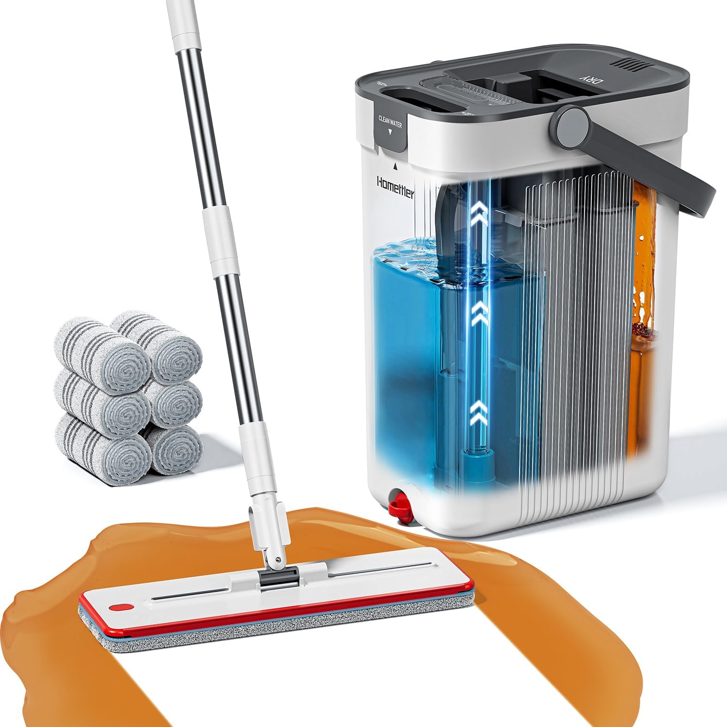 HoMettler Mop and Bucket Set, Flat Mop and Bucket System with Separate Dirty and Clean Water, 3-Compartment Wall Cleaner Mop, Flat Mops for Floor Cleaning with 6 Microfiber Pads