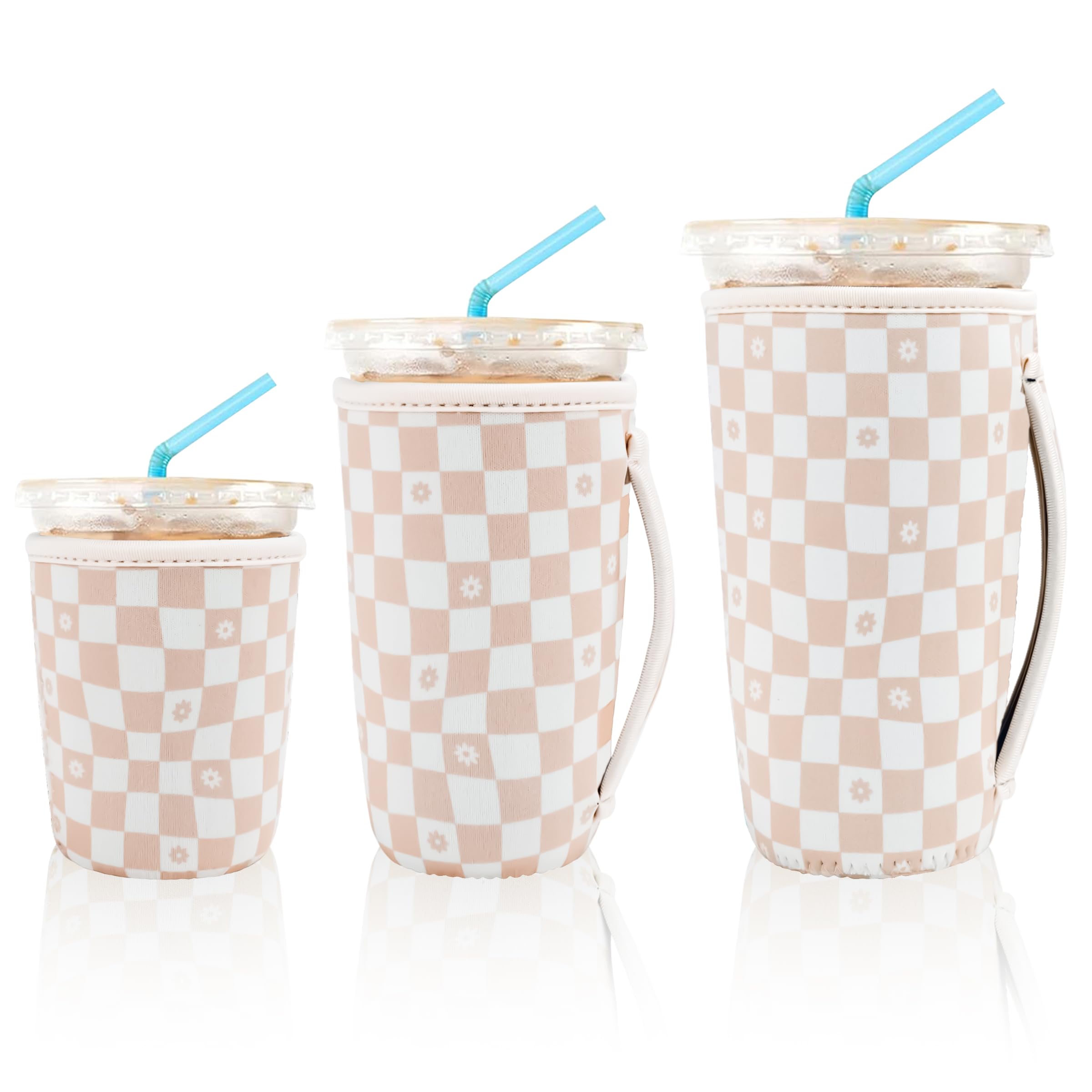 KJQJLY 3 Pack Reusable Iced Coffee Sleeves for Iced Coffee Cups or Drinks Reusable Neoprene Insulated Sleeves for Hot and Cold Drinks from Starbucks, Dunkin, And More (Floral Checkers)