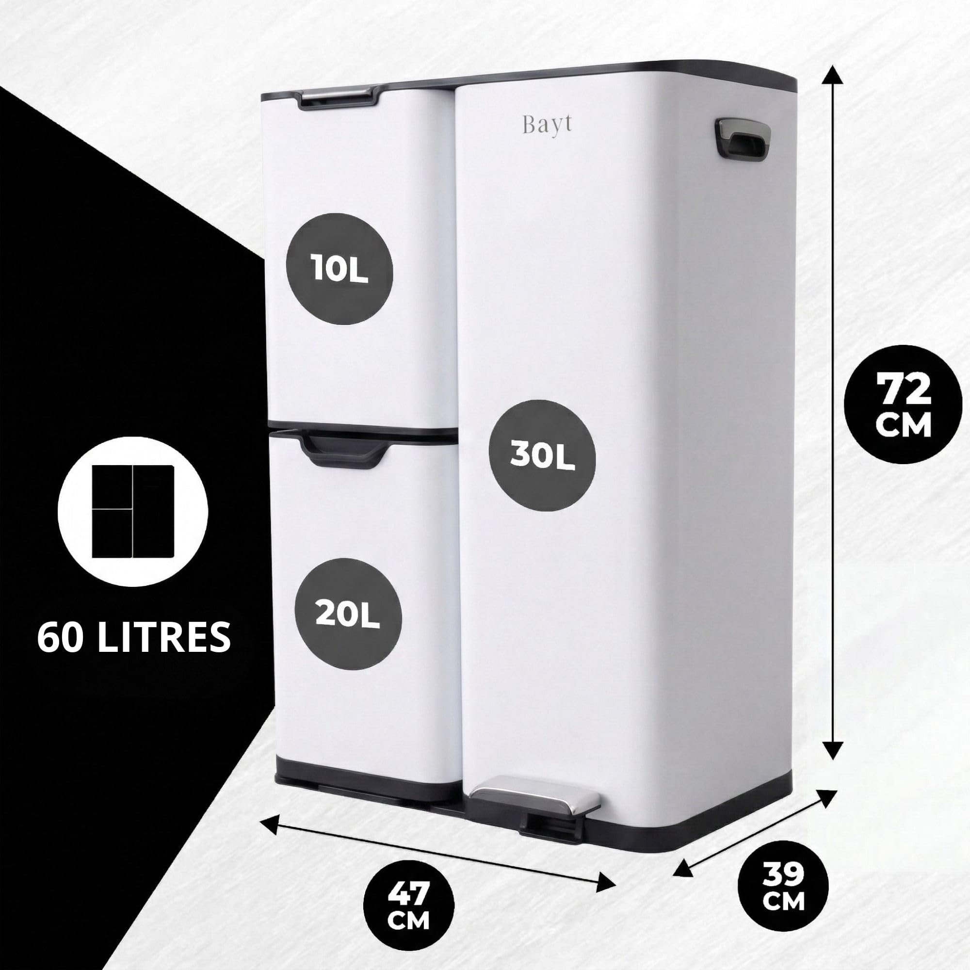 Bayt Poubelle Cuisine 60 Litres - Poubelle Tri Selectif Cuisine Pédale 60L | De Tri Déchets et Recyclage 3 Compartiments | Bac De Tri Inox Anti Odeur | Poubelles a Pedale 3 Bac Chambre - Blanc