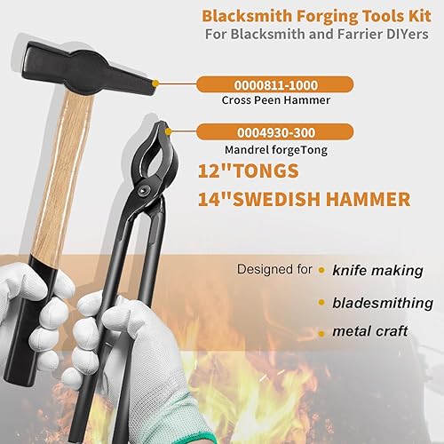 Miniatura 2 de Kit de herramientas de forja de herrero, martillo sueco de 14 pulgadas y pinzas de mandril de mandril de 12 pulgadas, kit de herramientas de forja