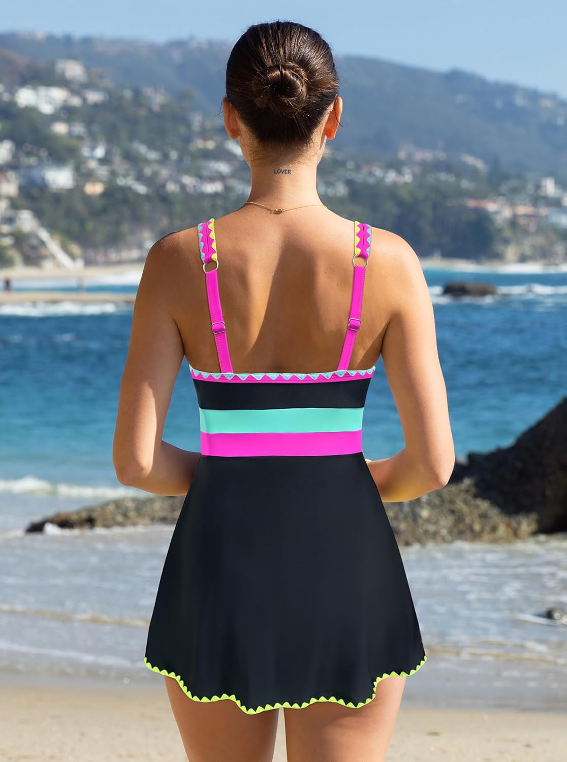 popvil One Piece Swimsuit Women Tummy Control Swim Dress Neon Color Block Swim Suits 2025 Bathing Suit with Skirt - Image 2