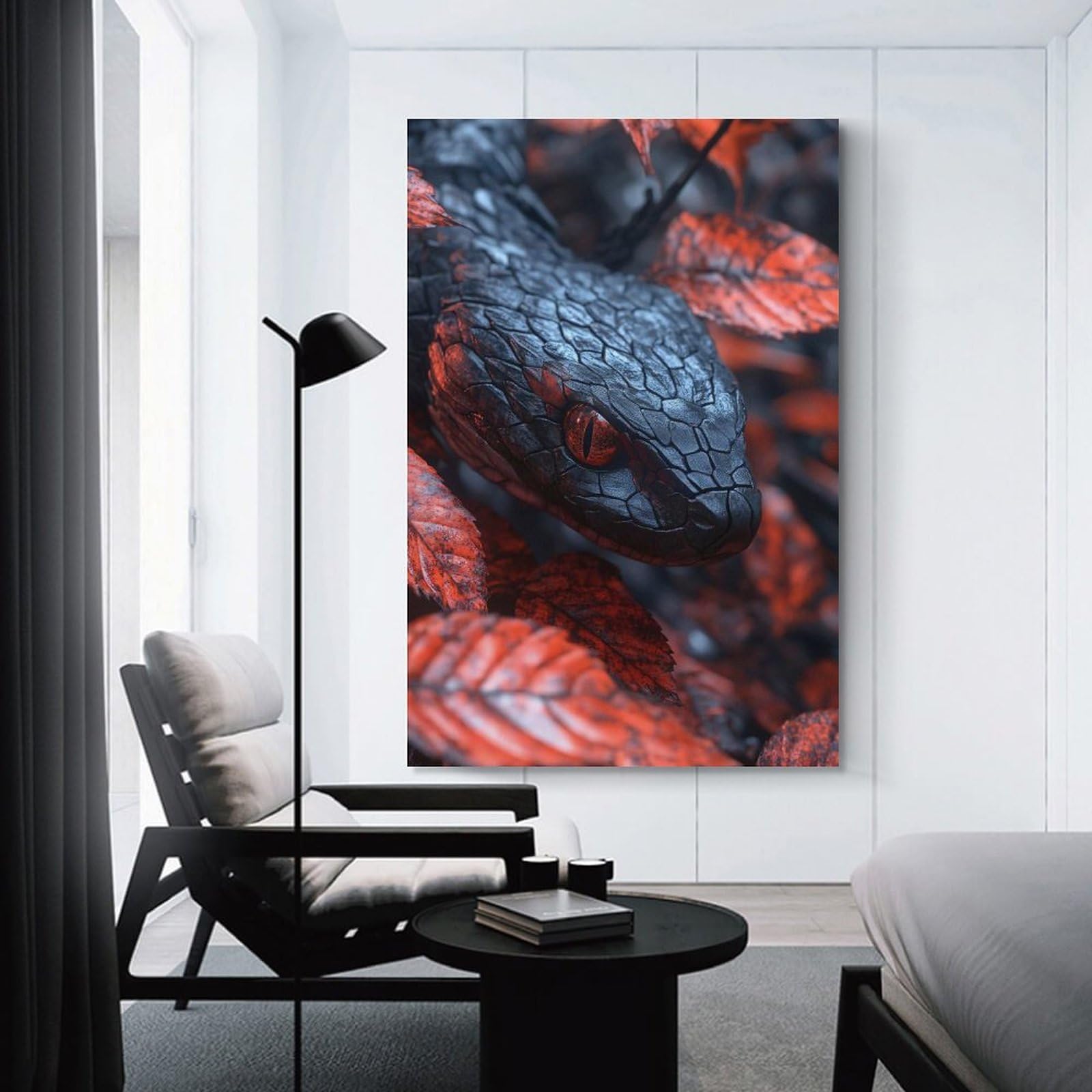 Junmoney Unframe-Style-21 Wall Art Print Snake With Red Eyes And Leaves, 12X18inch(30X45cm), For Home Lounge, Bedroom Or Reading Nook, Modern Wall Decor For Cosy Interiors