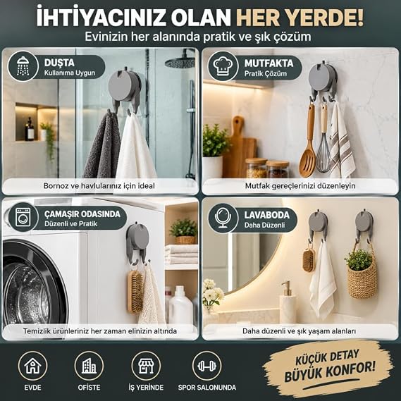 Vakumlu Havlu Bornoz Askısı 9 KG Çift Kancalı Delmeden Montaj Banyo Mutfak Duvar Askısı