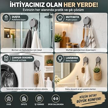 Vakumlu Havlu Bornoz Askısı 9 KG Çift Kancalı Delmeden Montaj Banyo Mutfak Duvar Askısı
