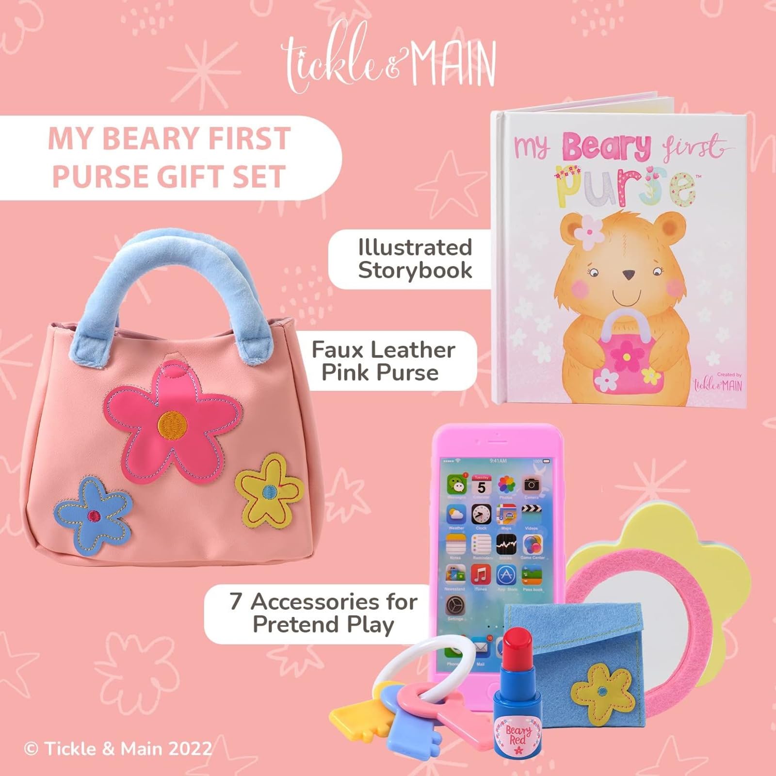 My Beary First Purse Playset - Bolso para bebé niña, 9 piezas, piel sintética, rosa a partir de 1 año, libro de cuentos y accesorios para juegos imaginativos, regalo de cumpleaños para 2