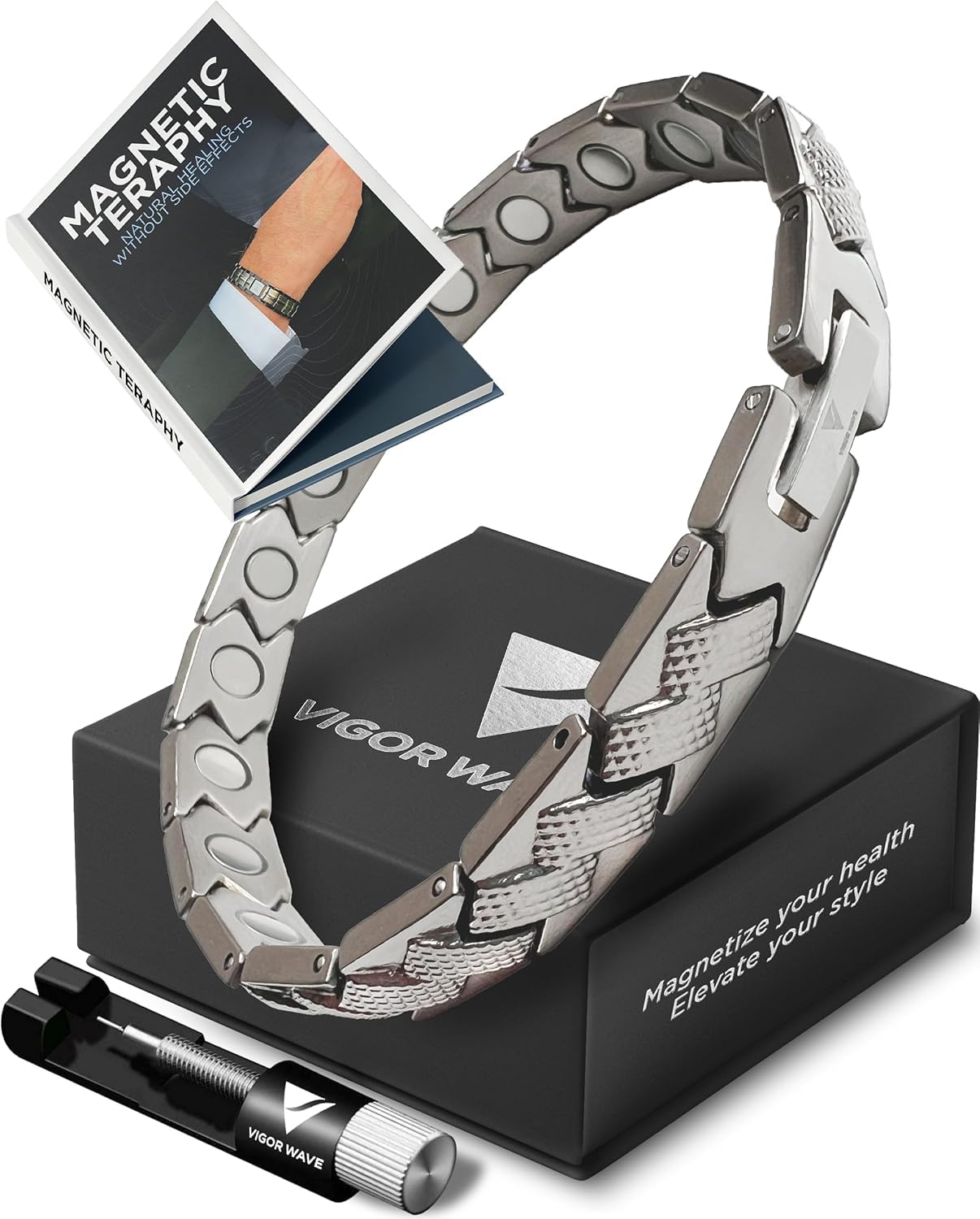 Vigor Wave® Magnetic Therapy Titanium Bracelet for Men — Unique Braided-Like Magnetic Bracelet for Relieving Pain and Improving Circulation + Premium Sizing Tool & Gift Box, Titanium