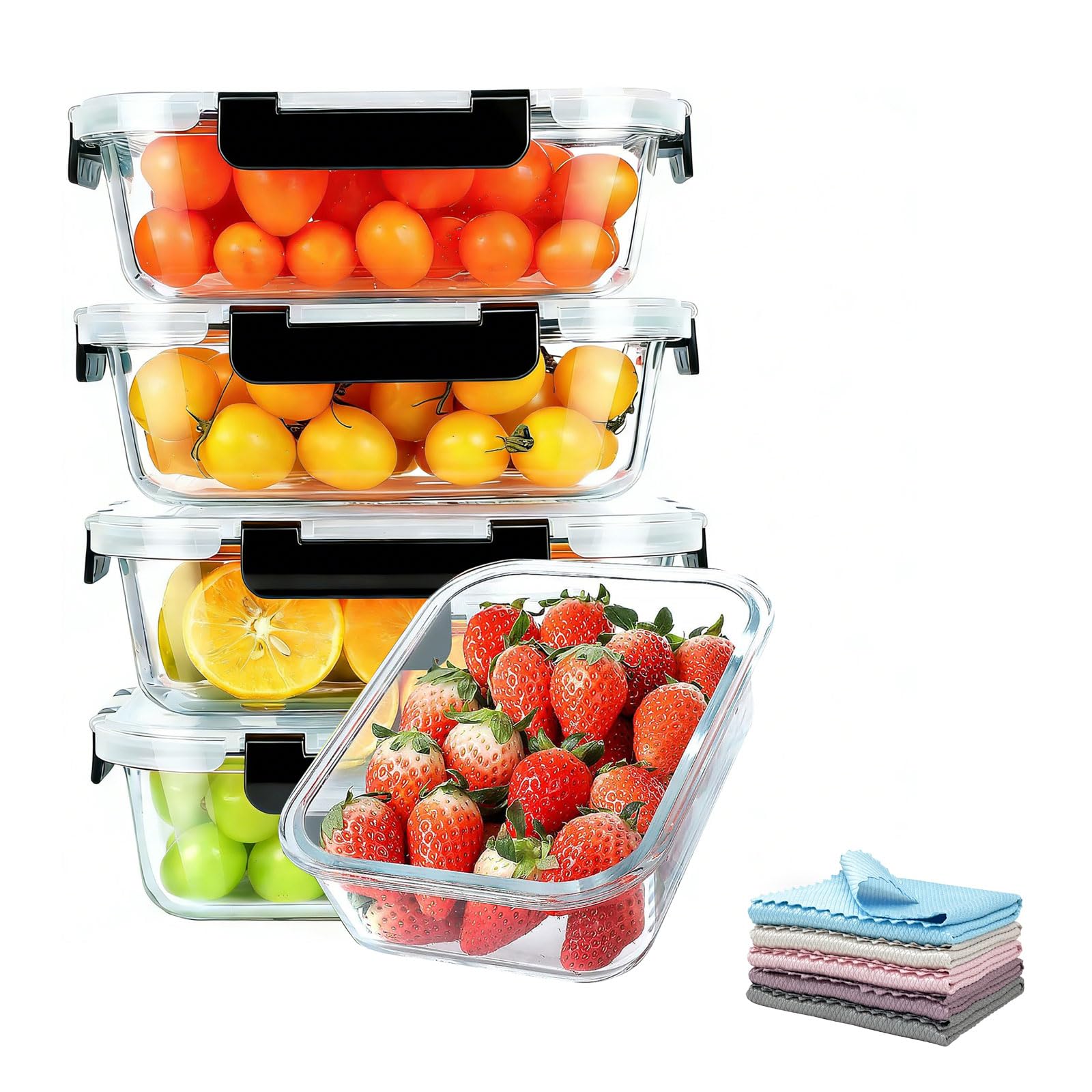 Genérico Cristal Hermetico para Almacenamiento de Alimentos de 36 Onzas (1040ml) - Cajas de Comida y Almuerzo a Prueba de Fugas, Aptas para Horno, Microondas,Negro,10 PCS A
