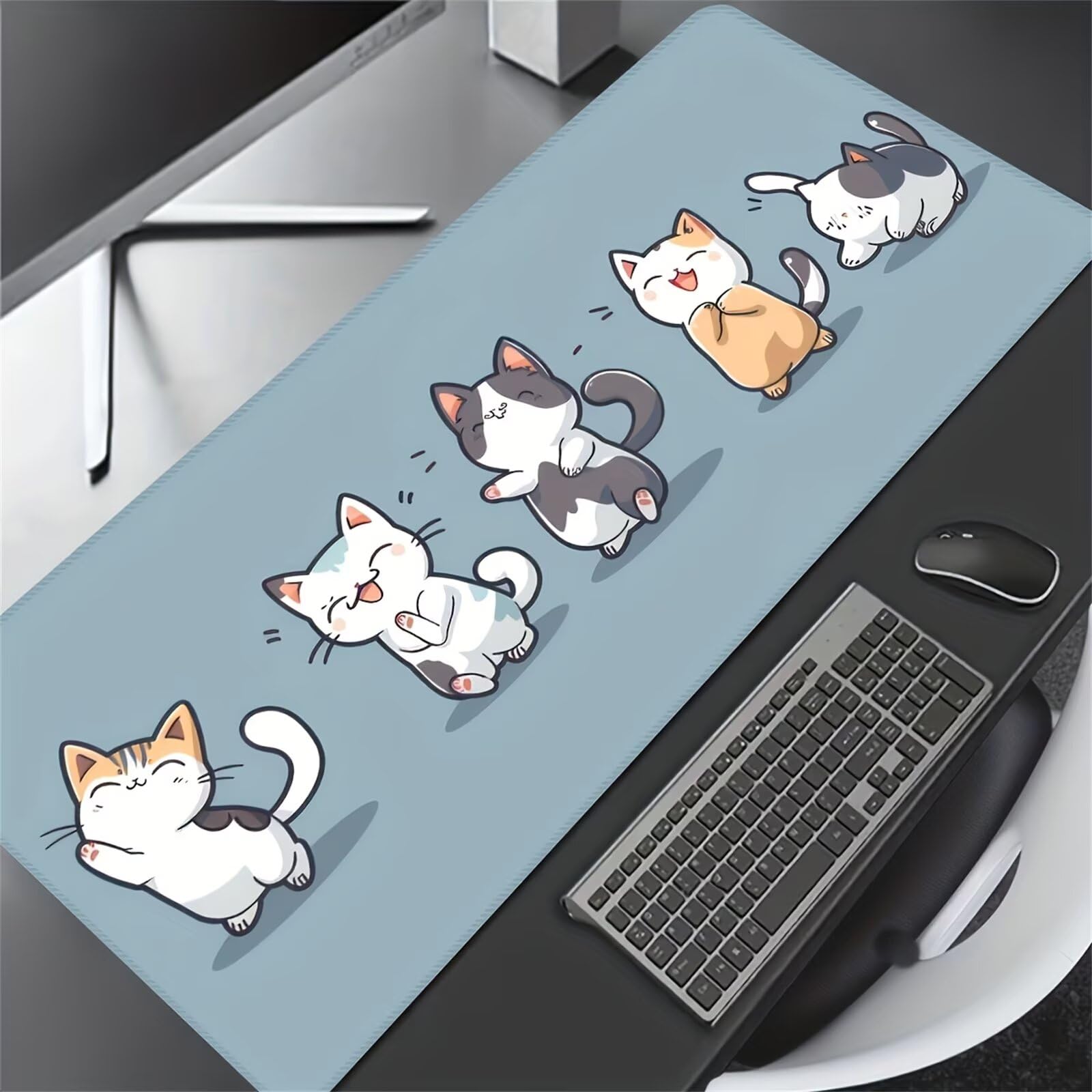 Grand Tapis de Souris de Jeu 900x400x3 mm Mouse Pad Gaming Chat Mignon Tapis de Bureau Antidérapant avec Bords Cousus pour Bureau, Études, Gamer
