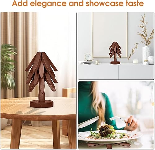 Miniatura 5 de Juego de posavasos de madera, juego de salvamanteles con forma de árbol, 4 salvamanteles de madera + 1 soporte almacenado para platos calientes,