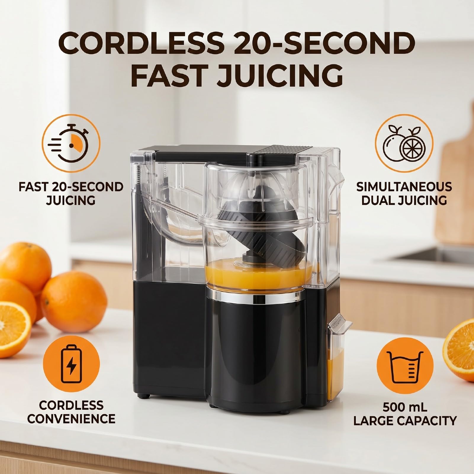 Exprimidor de Cítricos Eléctrico, Exprimidor Rápido de 20 Segundos, Capacidad de 500 Ml, de Naranja Inalámbrico de 8 Ranuras con Extracción Dual de Frutas para Uso en