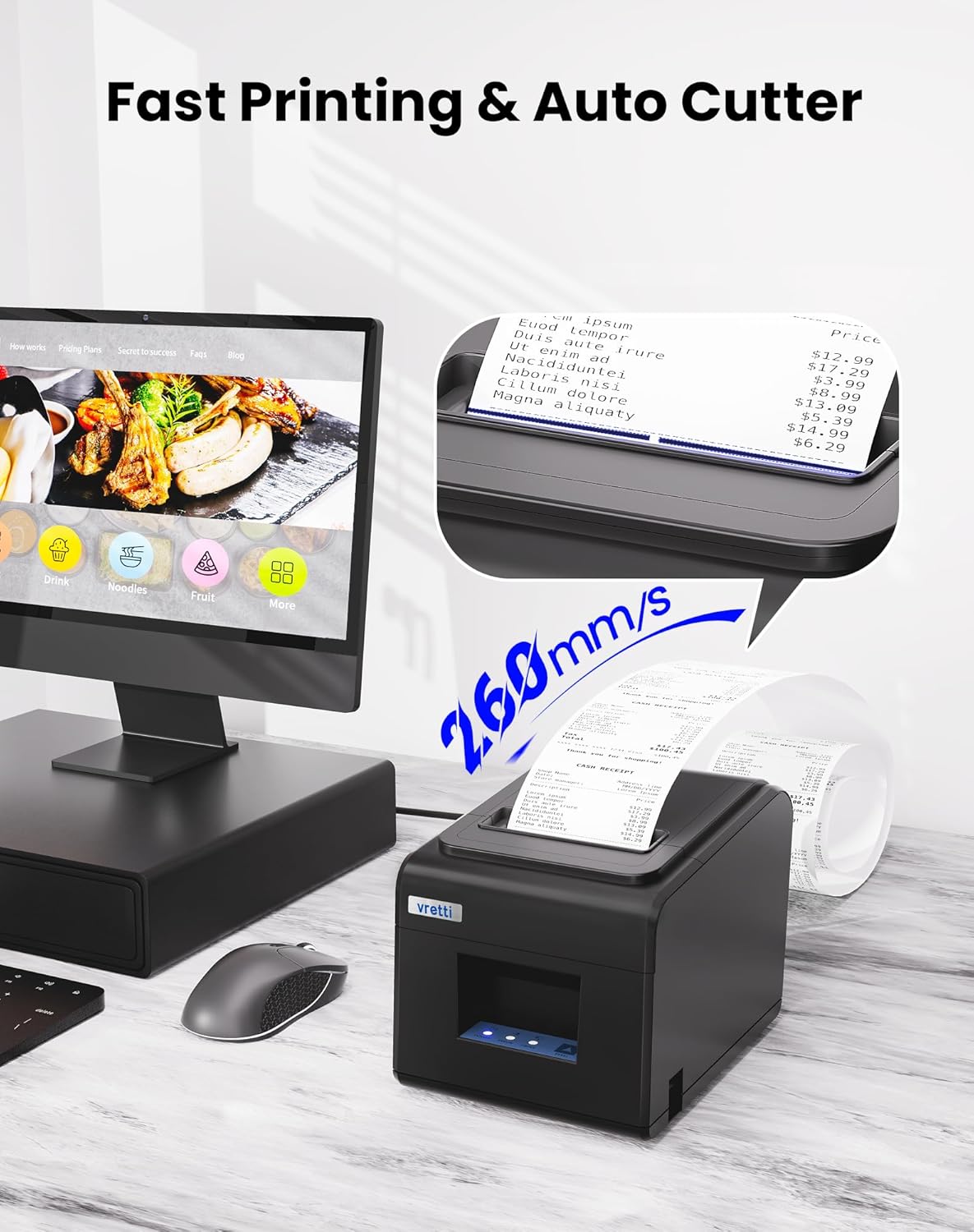 vretti Thermal Receipt Printer, 3'1/8 80mm Direct Thermal Printer with USB Serial LAN Port - Kitchen POS Printer ESC/POS Command Support Cash Drawer