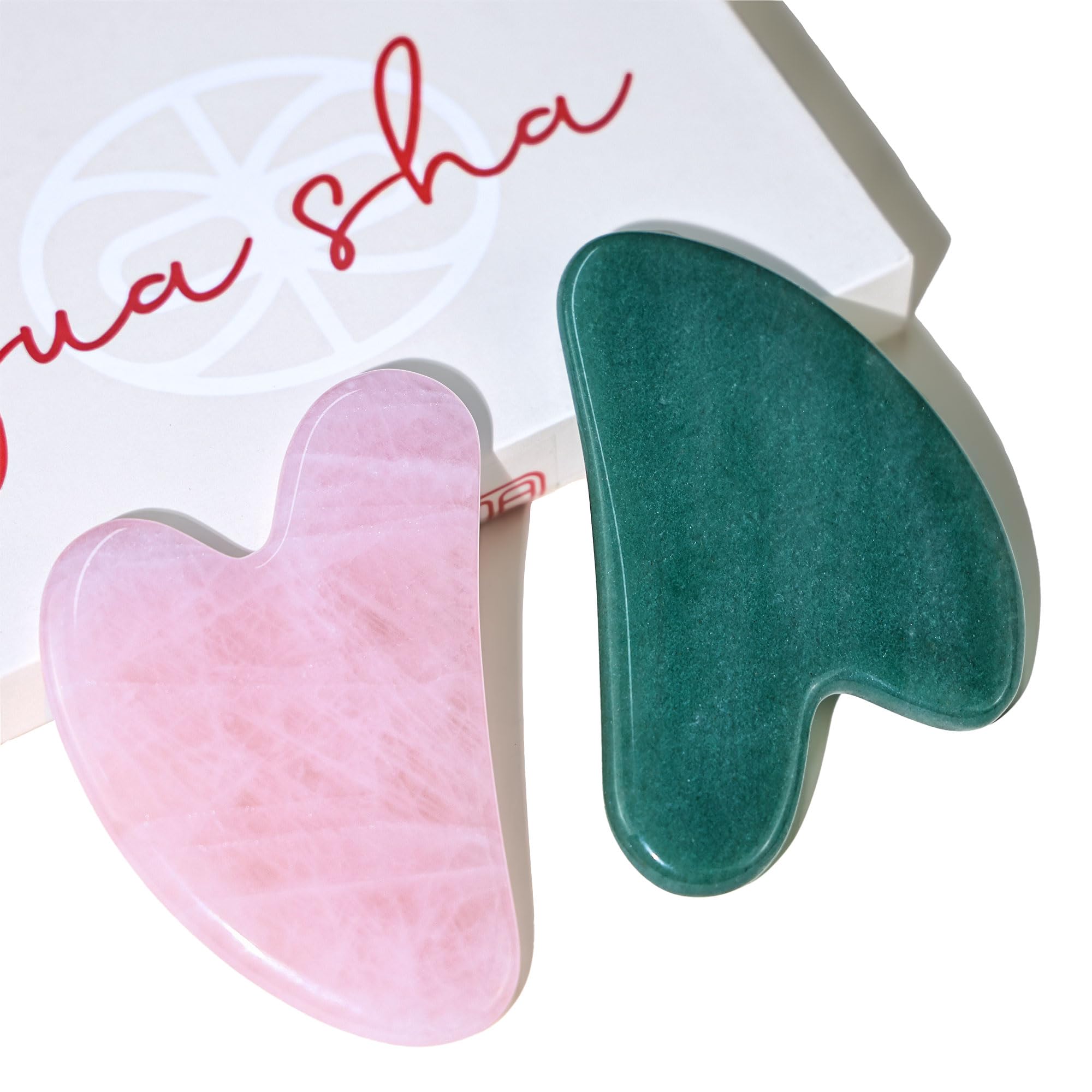 Rena Chris Rose Quartz and Green Jade Gua Sha Set, Natural Jade Gua Sha Facial Tools for SPA Acupuncture, Gua Sha Stone for Body Face Neck and Eye, Daily Skin Care Tools