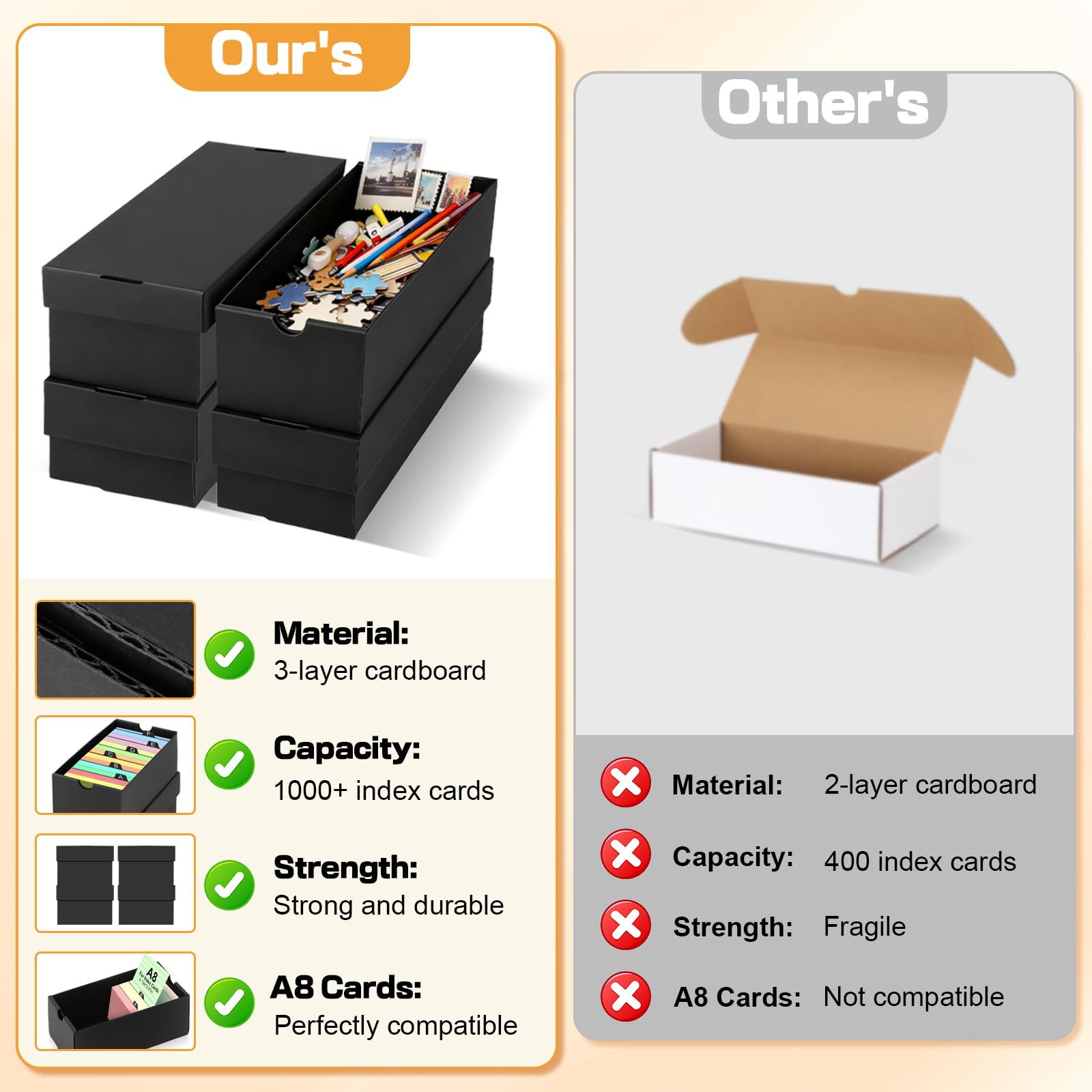 4Pcs Caja para Flashcards A8 con 112 Fichas A Rayas, para Tarjetas Estudio 52 x 74mm, Capacidad 980 Fichas, Caja de Aprendizaje Negra para Notas Recetas, Organización en Escuela y Oficina
