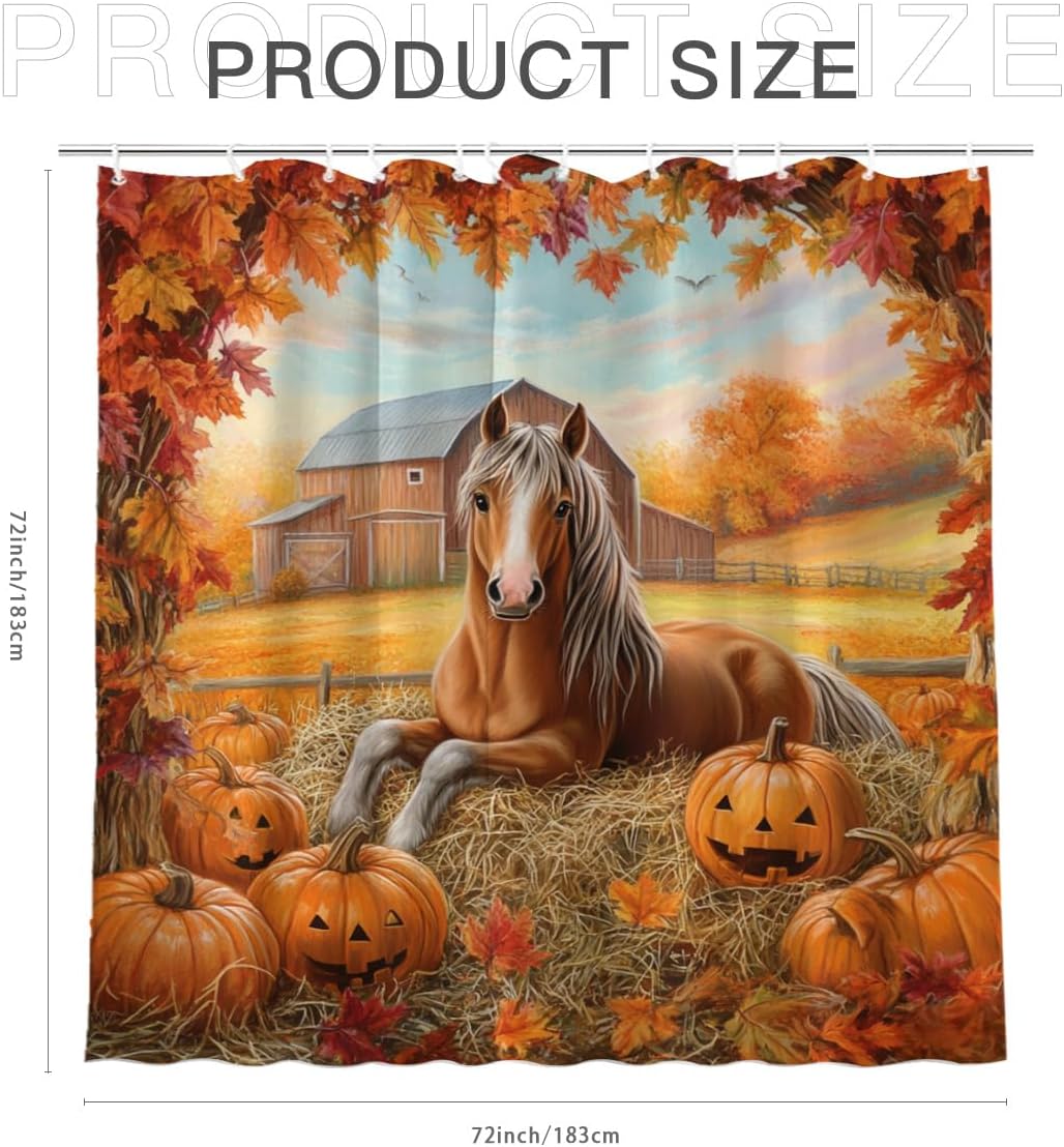 Fall Harvest Horse Shower Curtain Funny Autumn Pumpkin Maple Leaves Farmhouse Barn Country Scenery Bath Bathroom Accessories Decor with Hooks 72W x72L