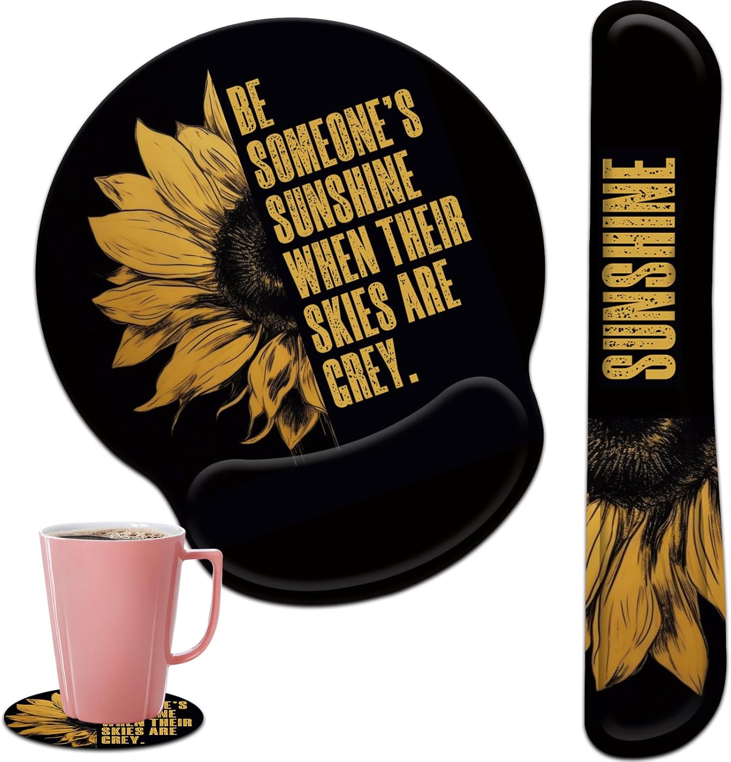 Keyboard Wrist Rest and Mouse Pad Wrist Support Set with Coffee Coaster, Non-Slip PU Base for Gaming and Office, Comfortable & Lightweight for Easy Typing & Pain Relief,Sunflower