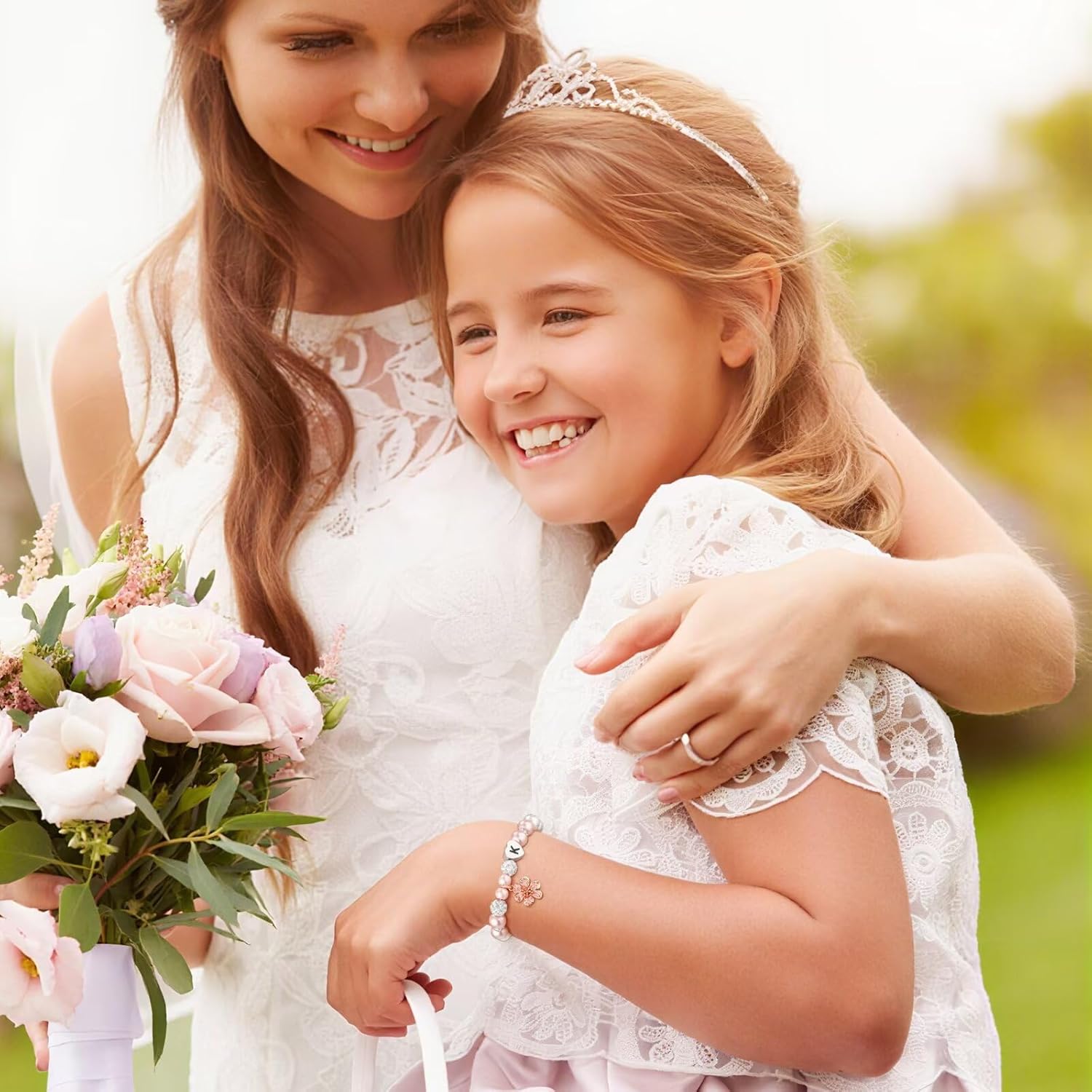 MONOOC Cute Flower Charm Bracelet for Girls Kids - Initial Charm Bracelets for Girls, Adjustable Pearl and Rhinestone Beaded Bracelet Heart Initial Bracelets Jewelry for Flower Girl Birthday Gifts - Image 4