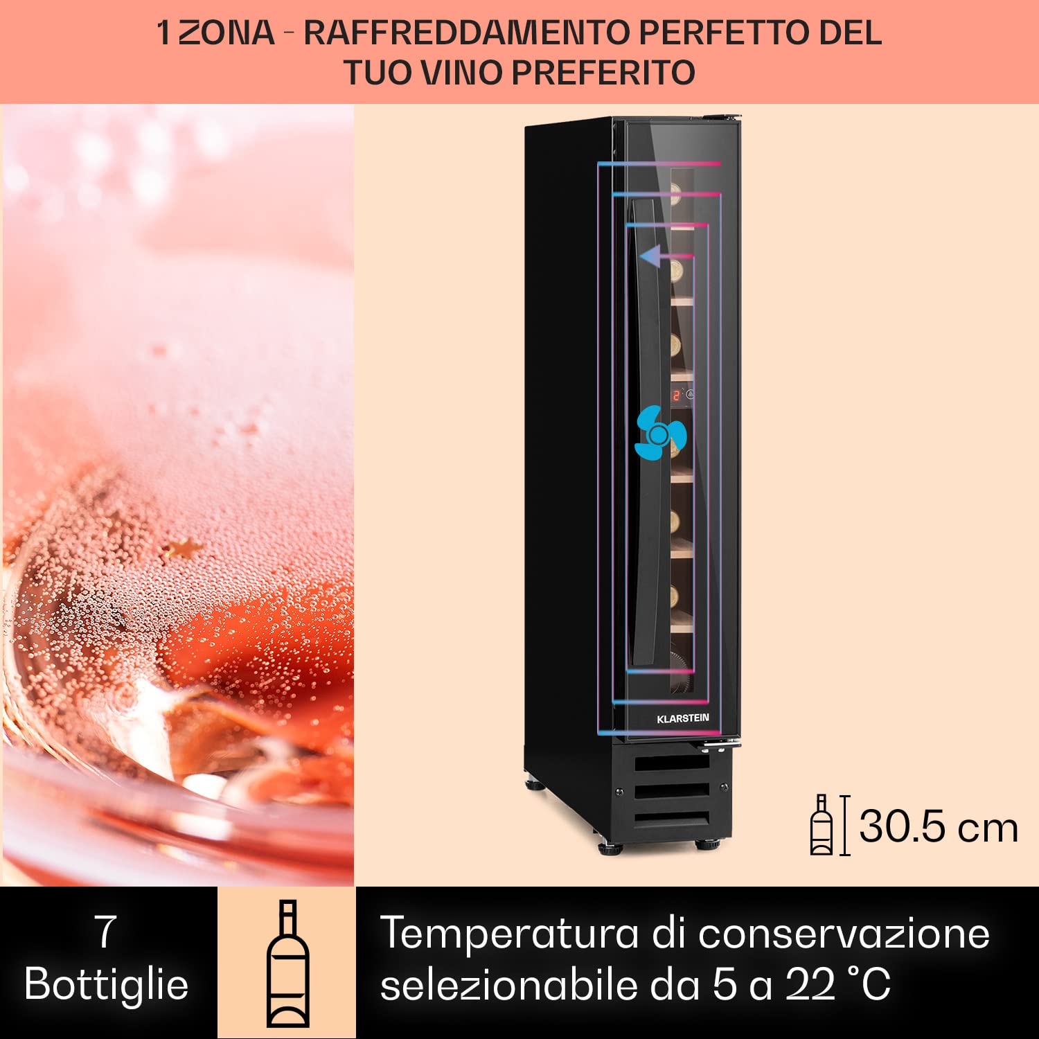 KLARSTEIN Cantinetta Vino Design da Incasso, Refrigerata a Zona Singola per Vino Rosso, Bianco e Birra, Controlli Touch, Frigo per Esterno/Interno, 20L, 7 Bottiglie