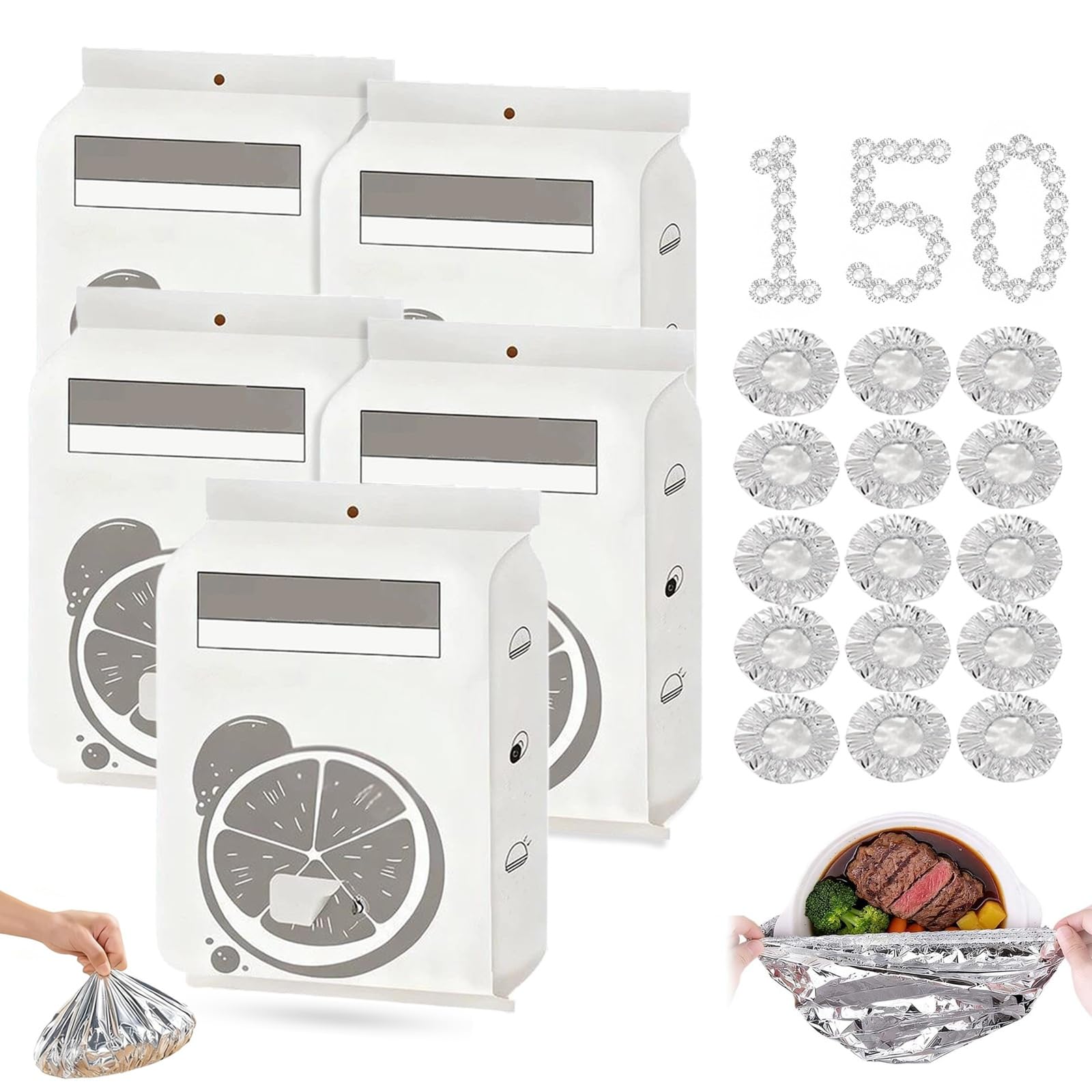 Reusable Aluminum Foil Food Covers, Elastic Foil Covers For Food Bowls Plates, Insulation Cover For Leftovers,Meal Prep, Fruits,Vegetables,Party(150pcs)