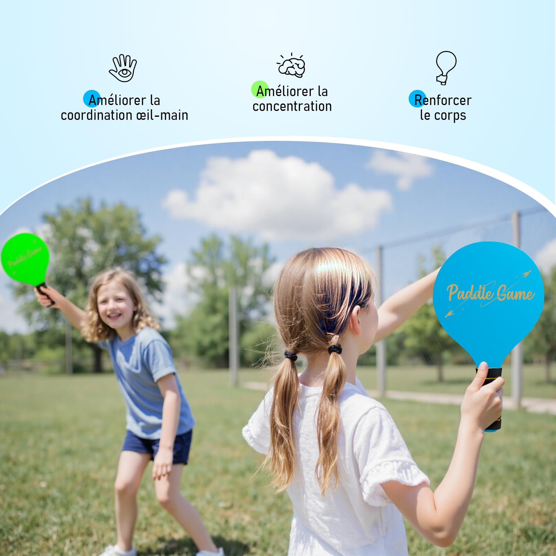 INPODAK Beach Ball Game Set, Beach Ball Racket Set pour Enfants, 2 Raquettes, 4 Volants, 2 balles, Jeu de Paddleball, Jeu de Plage pour Les familles(Bleu Vert, 1 Ensemble)