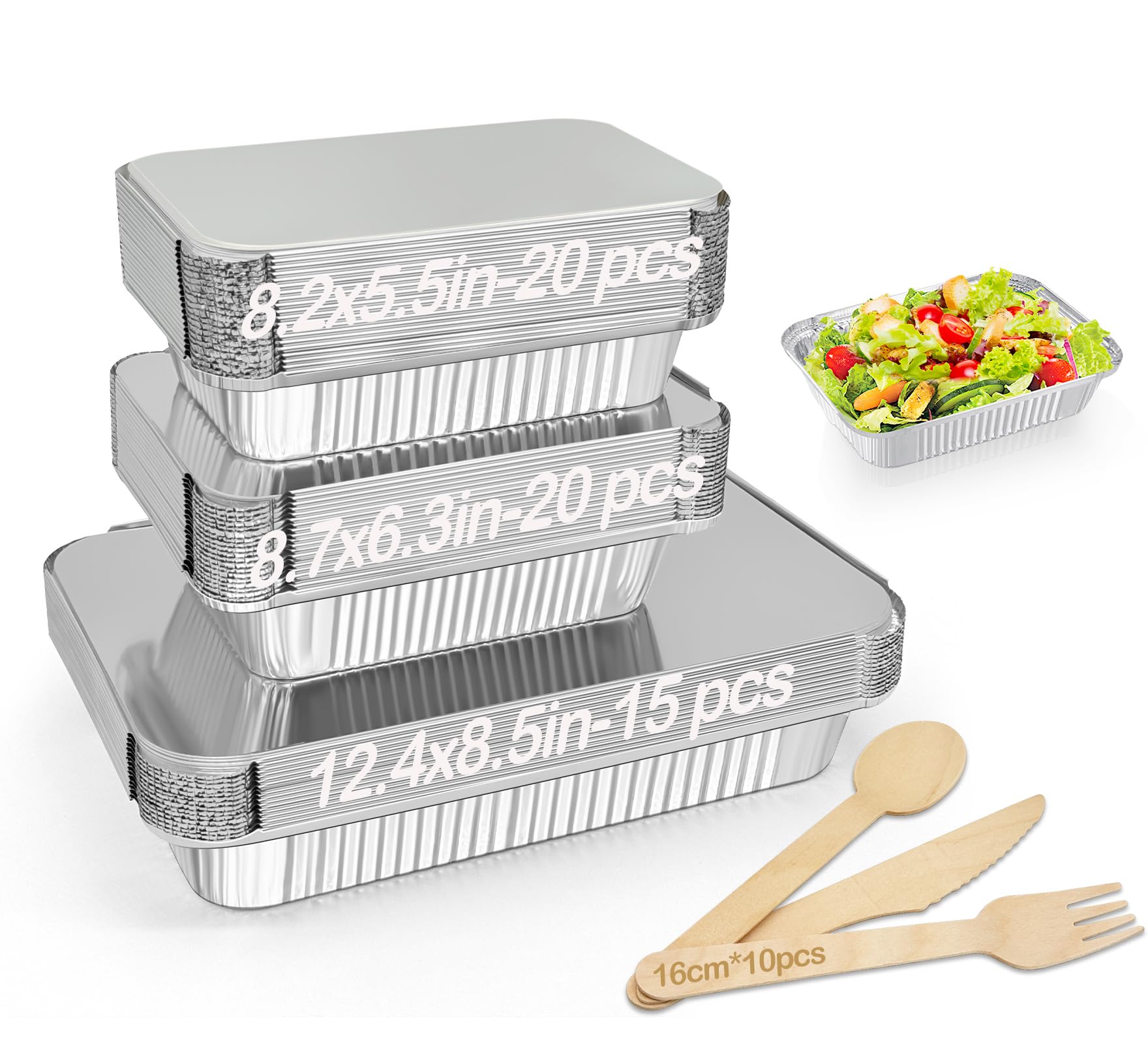 RUIXUE 55 Pieces Foil Trays with Lids, 2250ml, 1100ml and 800ml Multi-Size Reusable Aluminium Dishes for Cooking and Roasting.