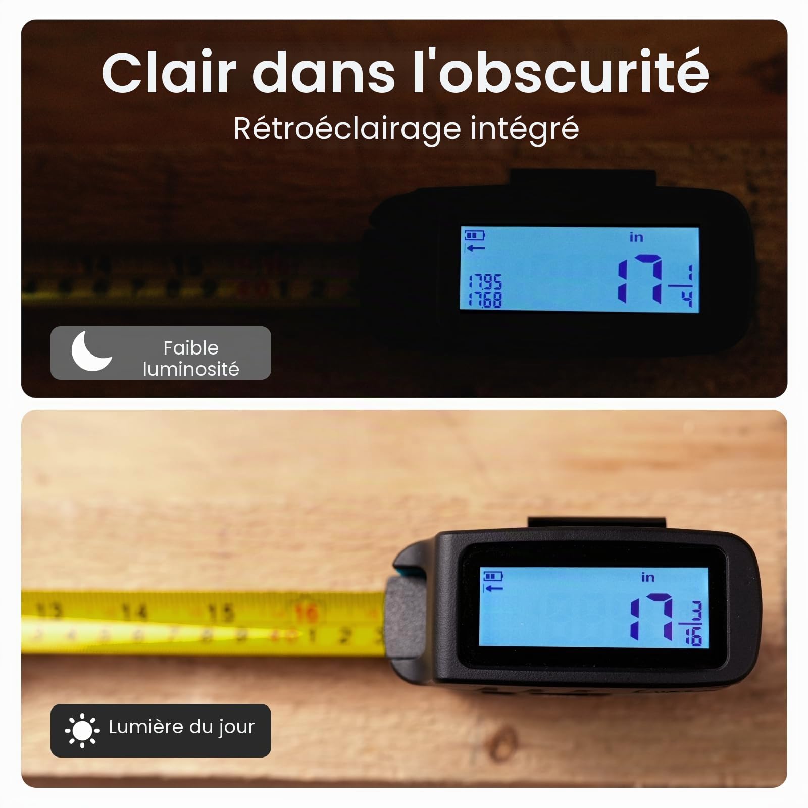 ACPOTEL Mètre Ruban Numérique 4,88 m, 6 unités métriques＆impériales, lecture facile, rétractable, avec fractions au 1/16, rechargeable, pour Distance/Surface/Volume, Jaune