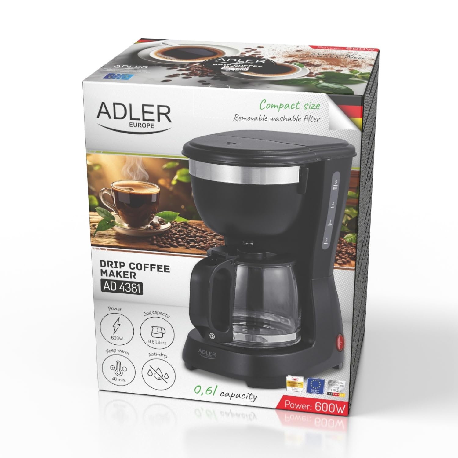 ADLER EUROPE Ekspres do kawy przelewowy, ekspres do kawy z dzbankiem szklanym 600ml, moc 600W, Filtr wielokrotnego użytku, funkcja podtrzymywania temperatury, blokada kapania, czarny