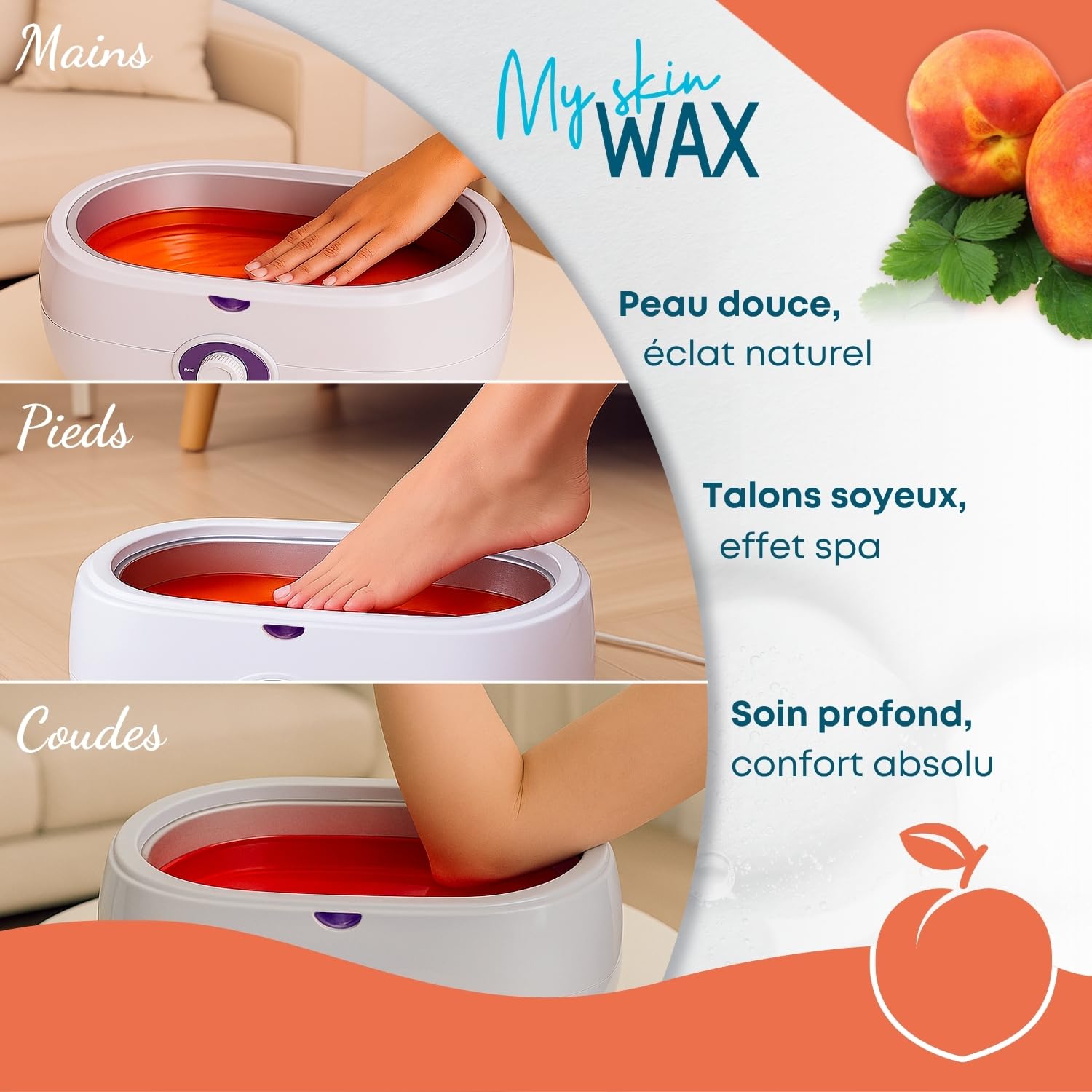 Cire de paraffine Maxi Pack, 6 blocs de 400 g (2,4 kg), parfum pèche, hydratante sans effet gras, idéale pour bains mains et pieds, soulagement arthrite, pédicure