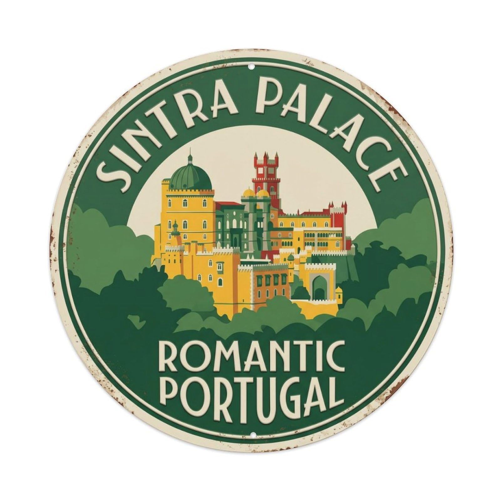 Sintra Palace Romantic Portugal Castle Metal Tin Sign Plaque Wall Decor for Cafe, Club Bar, Office, Home Garden Round Metal Poster 8x8Inch
