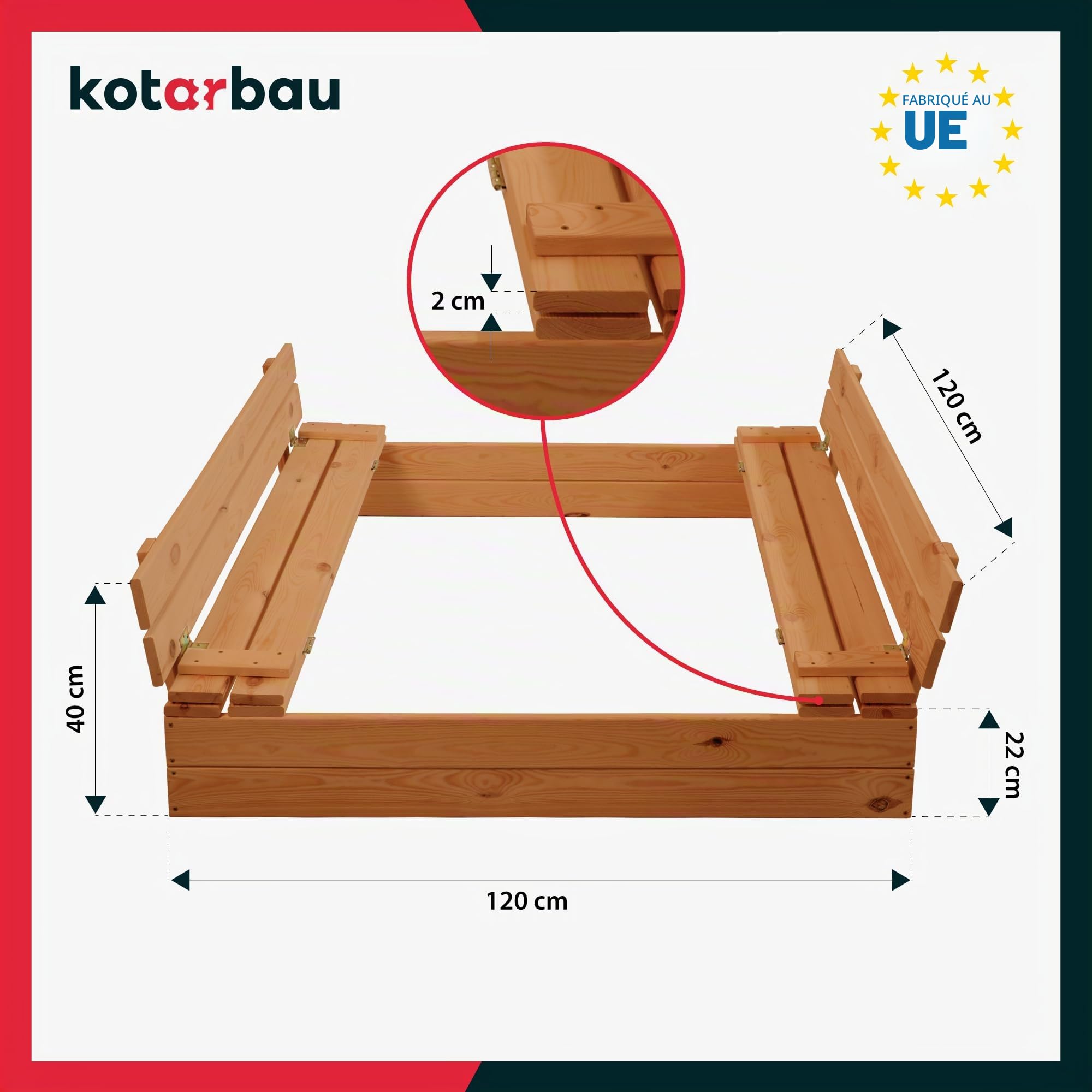 KOTARBAU® Bac à Sable Enfant Extérieur - Bois - 120 x 120 cm - Marron - avec Couvercle et Bancs - Bac à Sable Refermable - Imprégné - avec Tissu Anti-Mauvaises Herbes