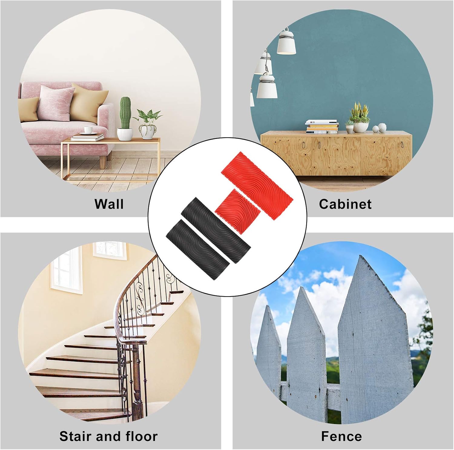 Rubber Empaistic Wood Grain Graining Pattern DIY Grain Painting Tool Wood Graining Painting Tool Wood Texture Graining Tool Household Wall Art Paint for Wall Room Decoration (Black, Red,4 Pieces)