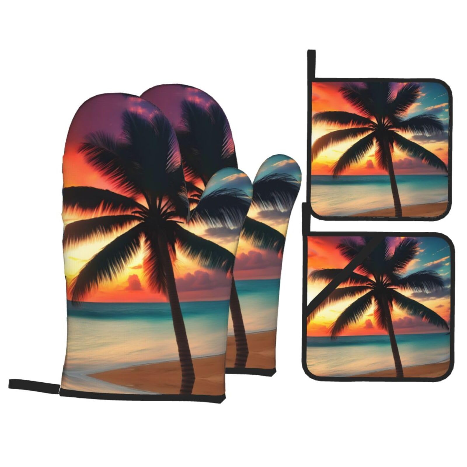 Tropical Beach Palm Tree Sunset Print Oven Mitts,Pot Holders, Heat Resistant Oven Mitts Gloves,Hot Pads for Kitchen Cooking Grill