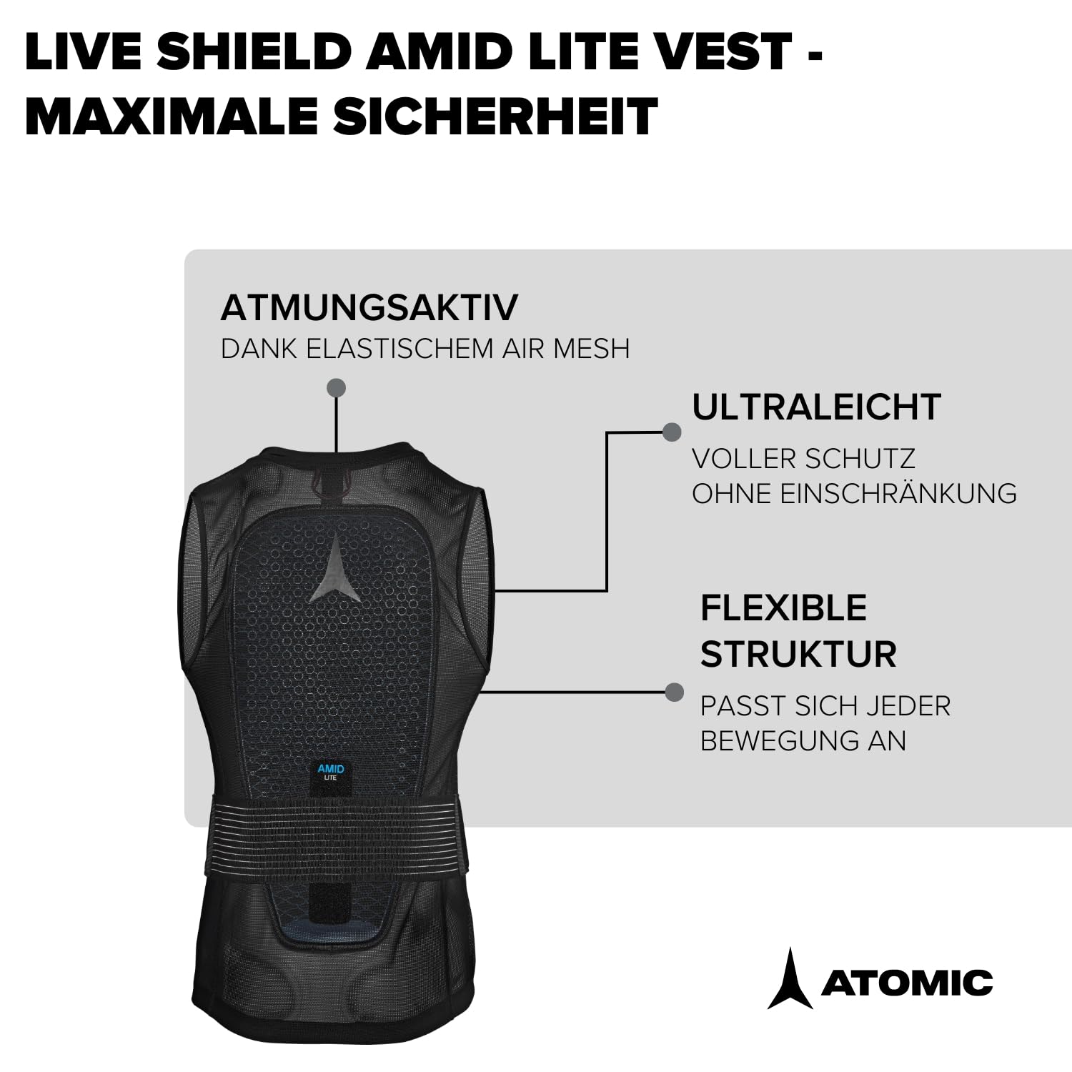 Atomic Live Shield AMID Lite Vest M I Herren-Protektorenweste mit AMID-Technologie für maximalen Schutz I Ergonomischer Rückenprotektor aus atmungsaktivem Mesh I Ski-Schutzweste mit Taillengurt