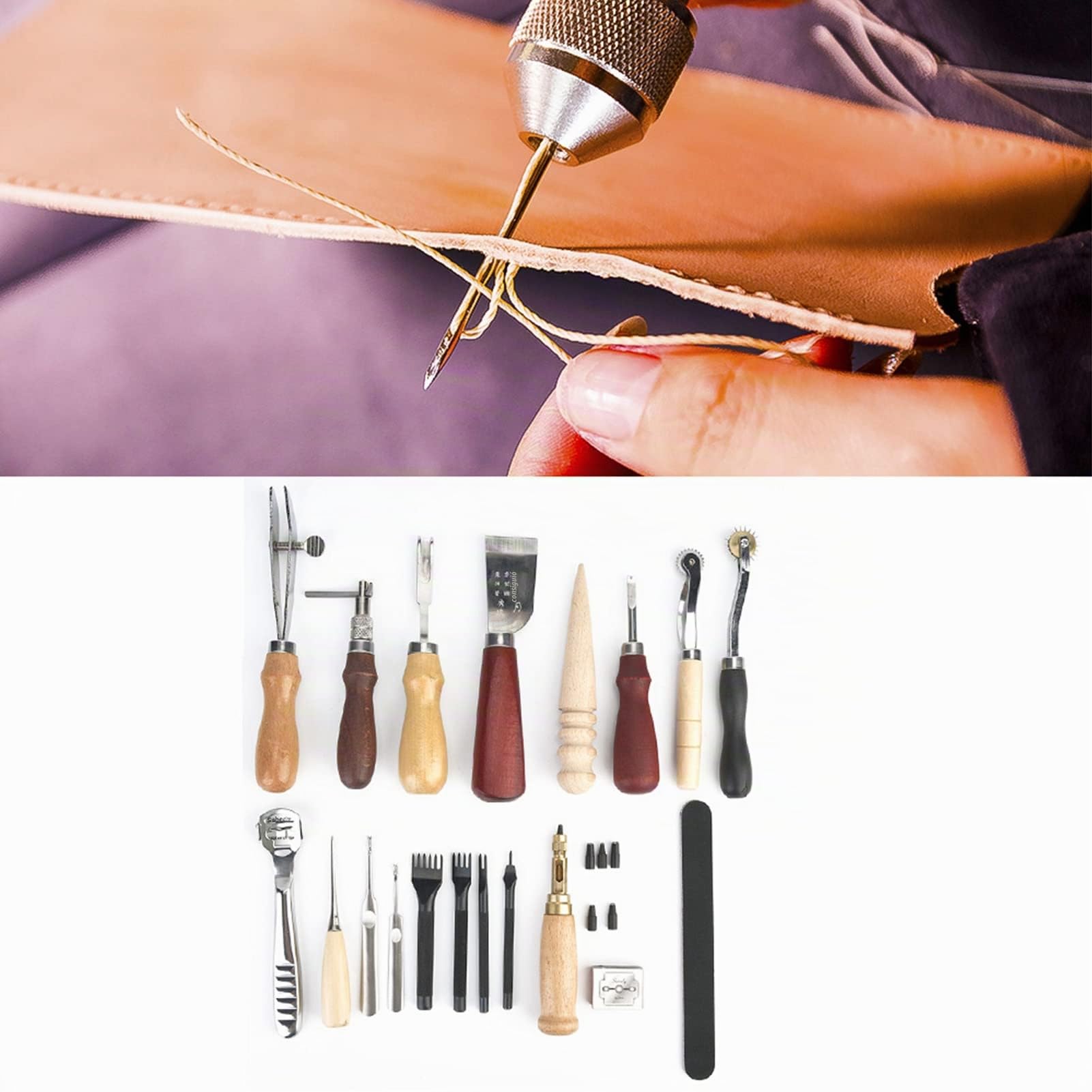 Kit Herramientas Cuero 19 Piezas Metal para Artesanía, 1 Kit