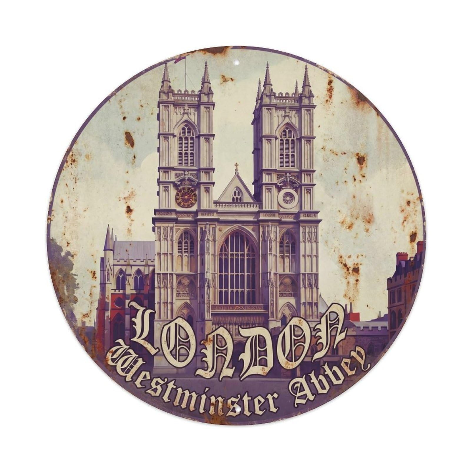 Vintage Travel London Westminster Abbey Metal Tin Sign Plaque Wall Decor for Cafe, Club, Garden Round Metal Poster 8x8Inch
