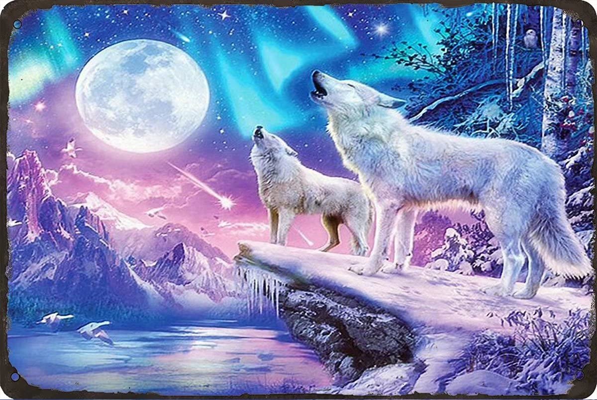 Wolf Howling Moon Antique Tin Sign Bar Poster Metal Wall Art Vintage Tin Sign Metal Tin Sign Plaque Suitable for Home Club Garage Kitchen Bar Country Cottage Restaurant 8x12 Inch