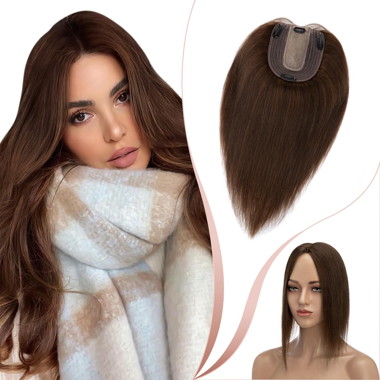 Elailite Hair Topper for Women Human Hair Thinning Hair - 100% Real Hair Extensions Clip in Toupee MIDDLE SILK BASE Crown Hair Piece (#04 Medium Brown, 10 Inch)