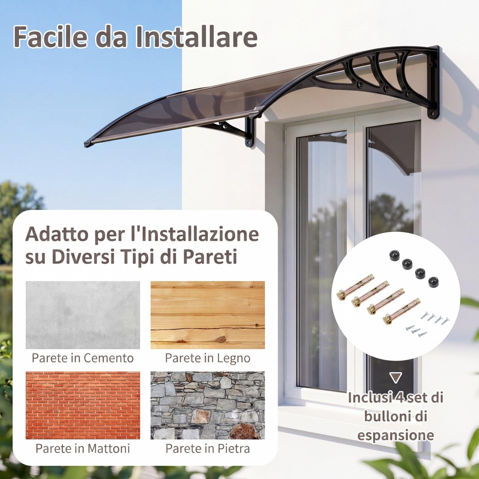 COSTWAY Pensilina Tettoia per Porta, Tettoia Parasole per Ingresso in Policarbonato, Robusta Barra di Fissaggio in Alluminio, Facile da Installare, per Finestra, Balcone, 100 x 75,5 x 23 cm (Marrone)