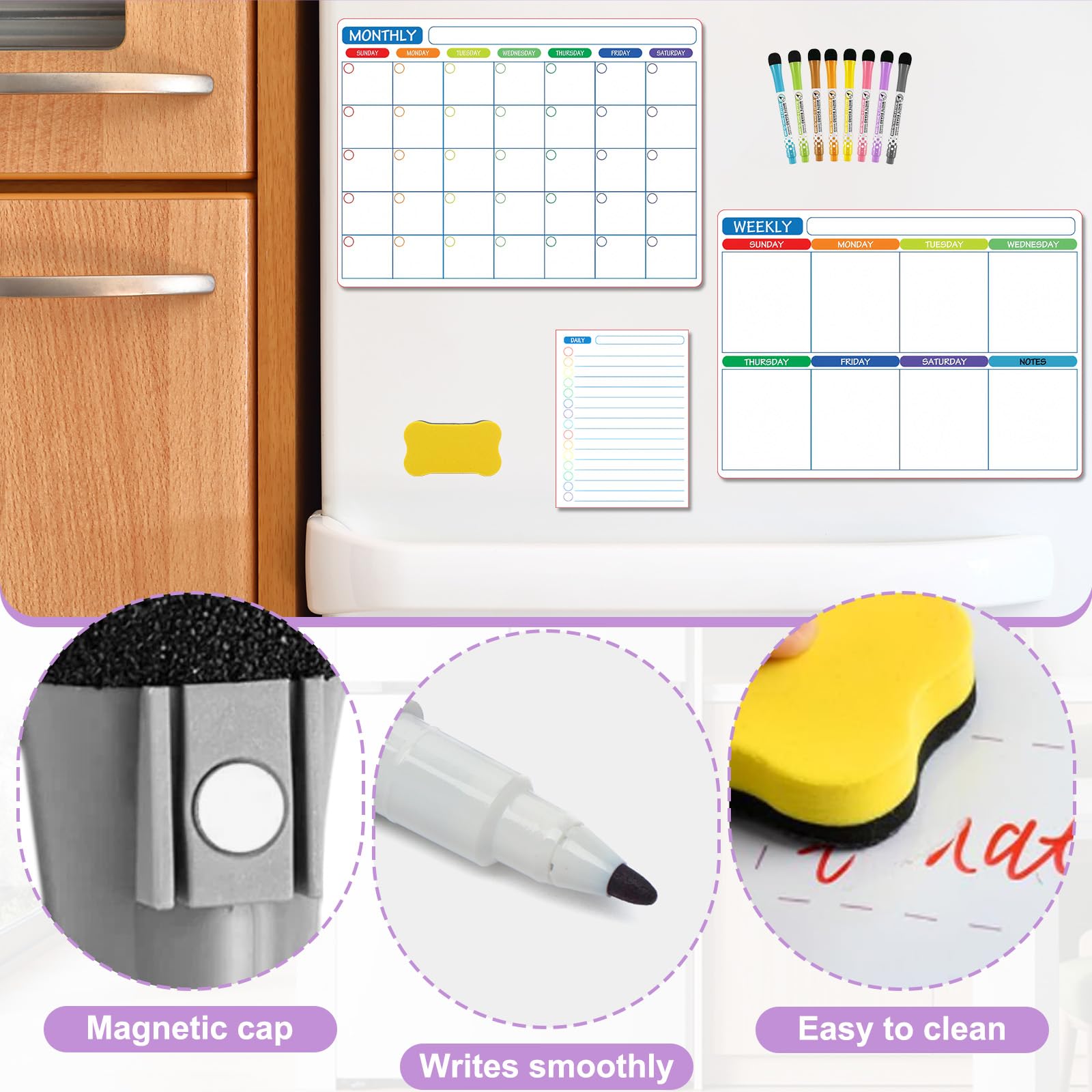 3 Pack Magnetic Calendar Planner for Fridge with 8 Markers & Eraser, Dry Erase Monthly, Weekly & Daily Planners Whiteboard, Reusable Schedule Organiser Board for Family, Office, Classroom (3042 cm) - Image 4