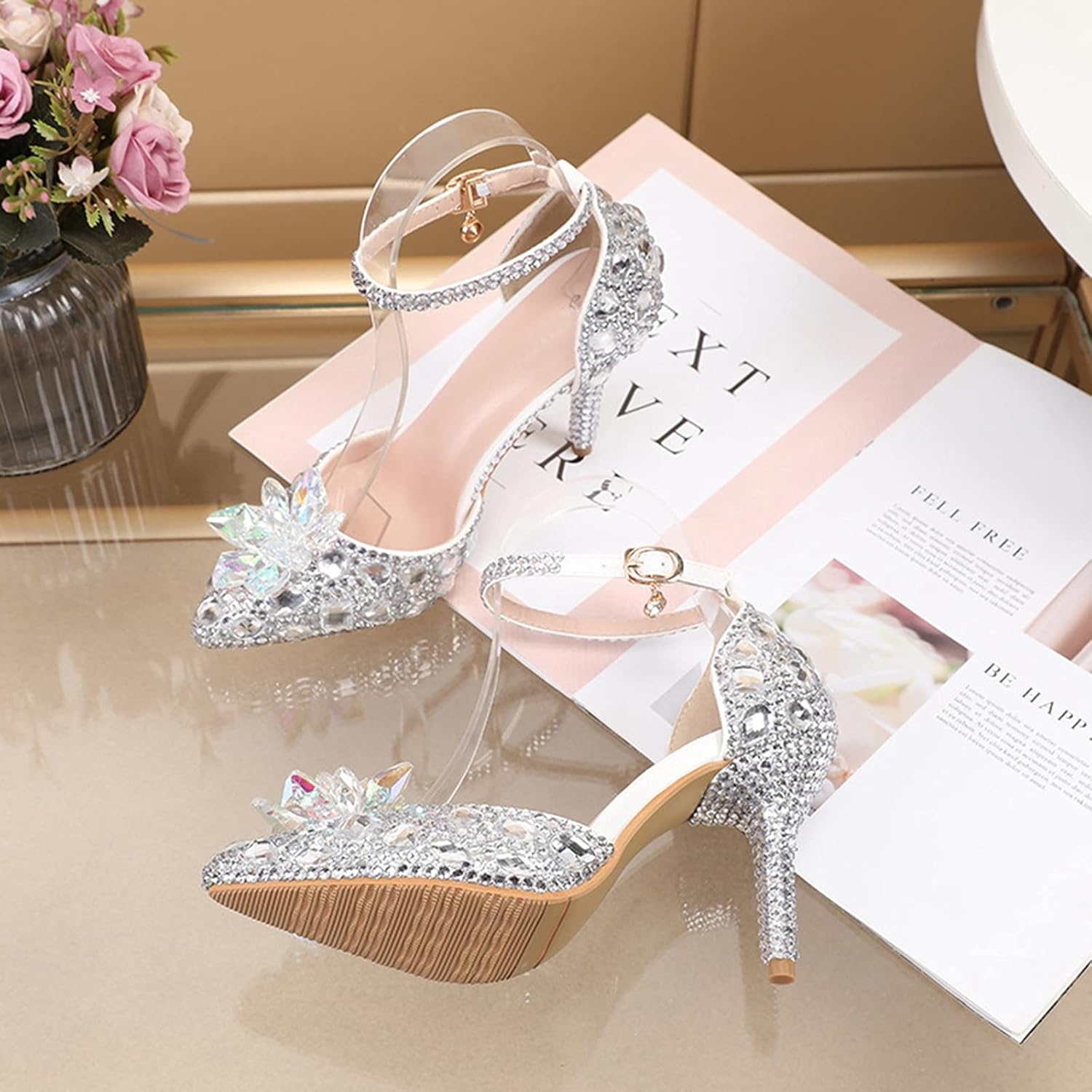 Minishion Womens Rhinestone Wedding Shoes Pumps with Flower Evening Prom Heels