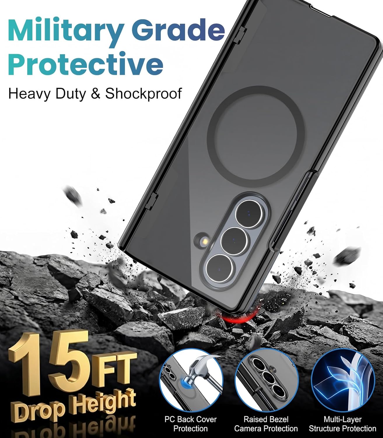 Magnetic Case for Samsung Galaxy Z Fold 7, Hinge Protection Shockproof Full Body Case with HD & Privacy Screen Protectors, Compatible with MagSafe, Translucent Matte Black, 2 Front Frames