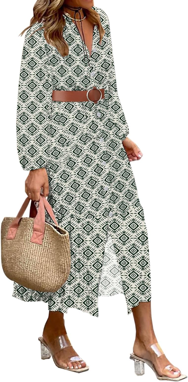 Women's Casual Button Front Midi Dresses Spring 2025 Puff Long Sleeve Printed Ruffle Hem Boho Flowy Dress
