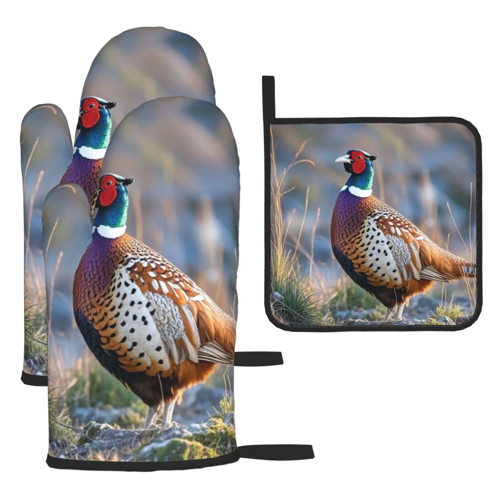 Oven Mitts and Pot Holders Set of 3 Heat Resistant Non-Slip Kitchen Gloves Hot Pads Pheasants Animals Mittens Non-Slip Potholders for Cooking Baking Grilling BBQ