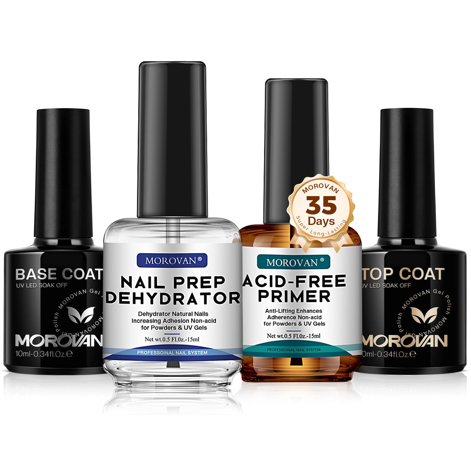 Morovan Nail Dehydrator and Primer with No Wipe Gel Top Base Coat Set